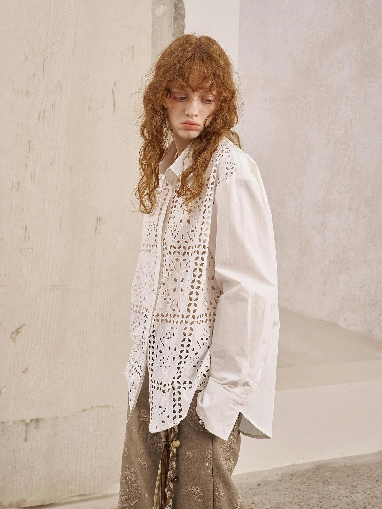 Floral Lace Trim White Blouse