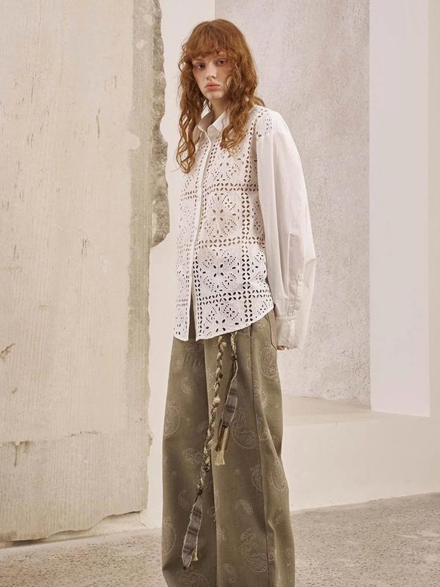 Floral Lace Trim White Blouse