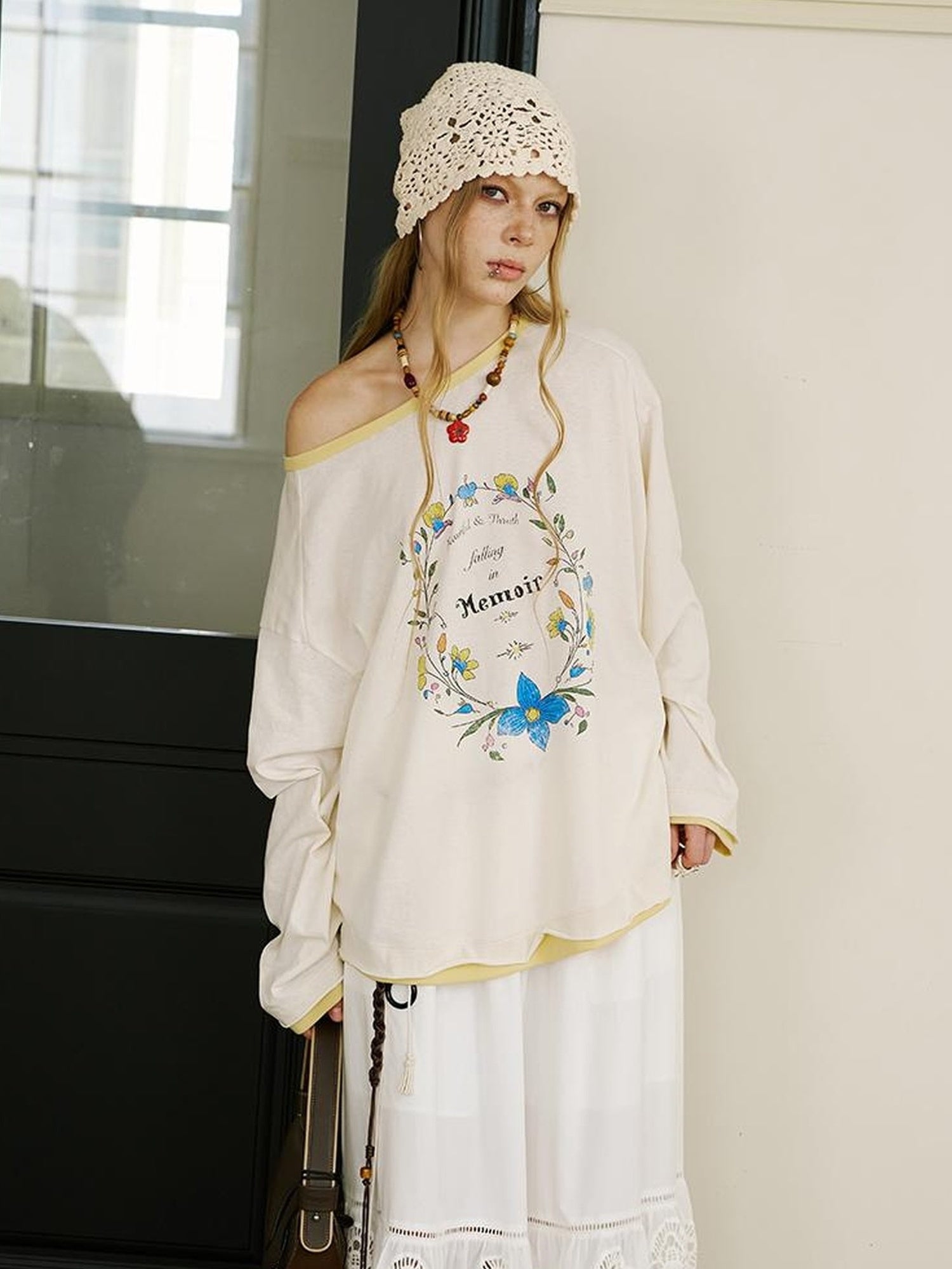 DIDDI MODA Floral Laze Collar Tie Loose Tee