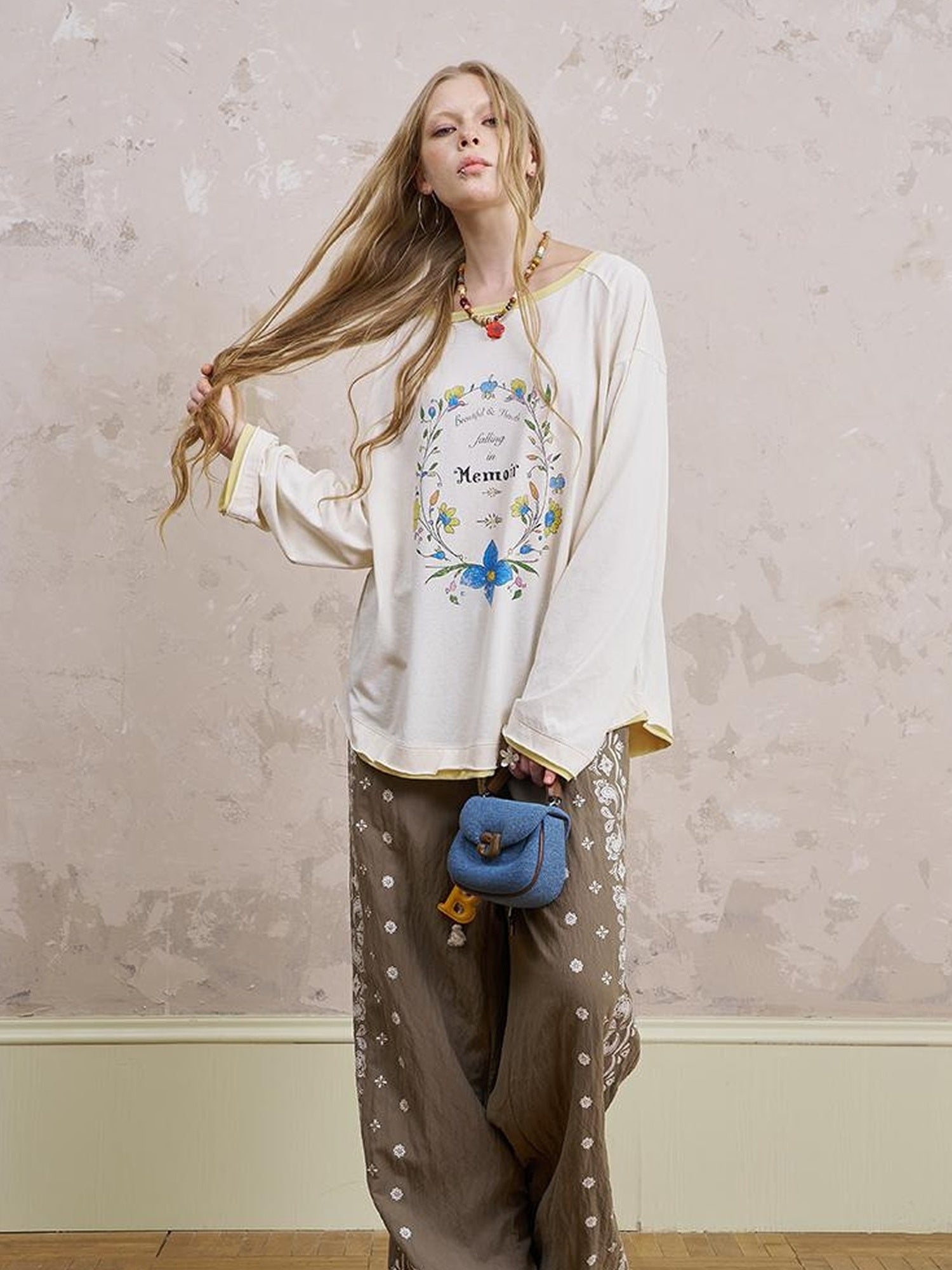 DIDDI MODA Floral Laze Collar Tie Loose Tee