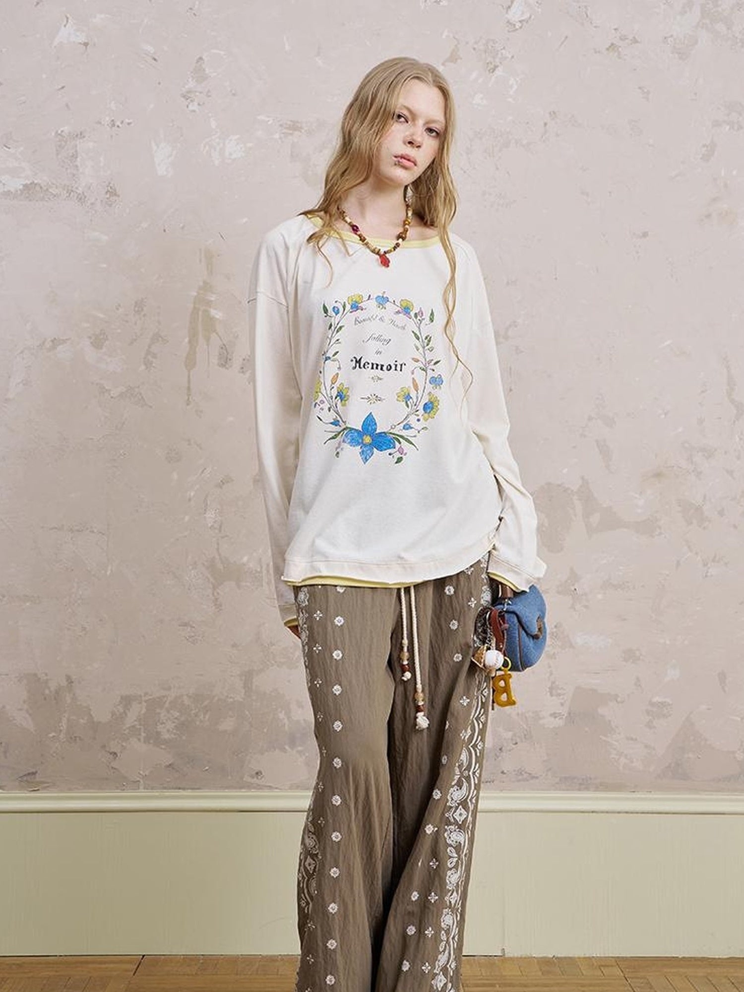 DIDDI MODA Floral Laze Collar Tie Loose Tee