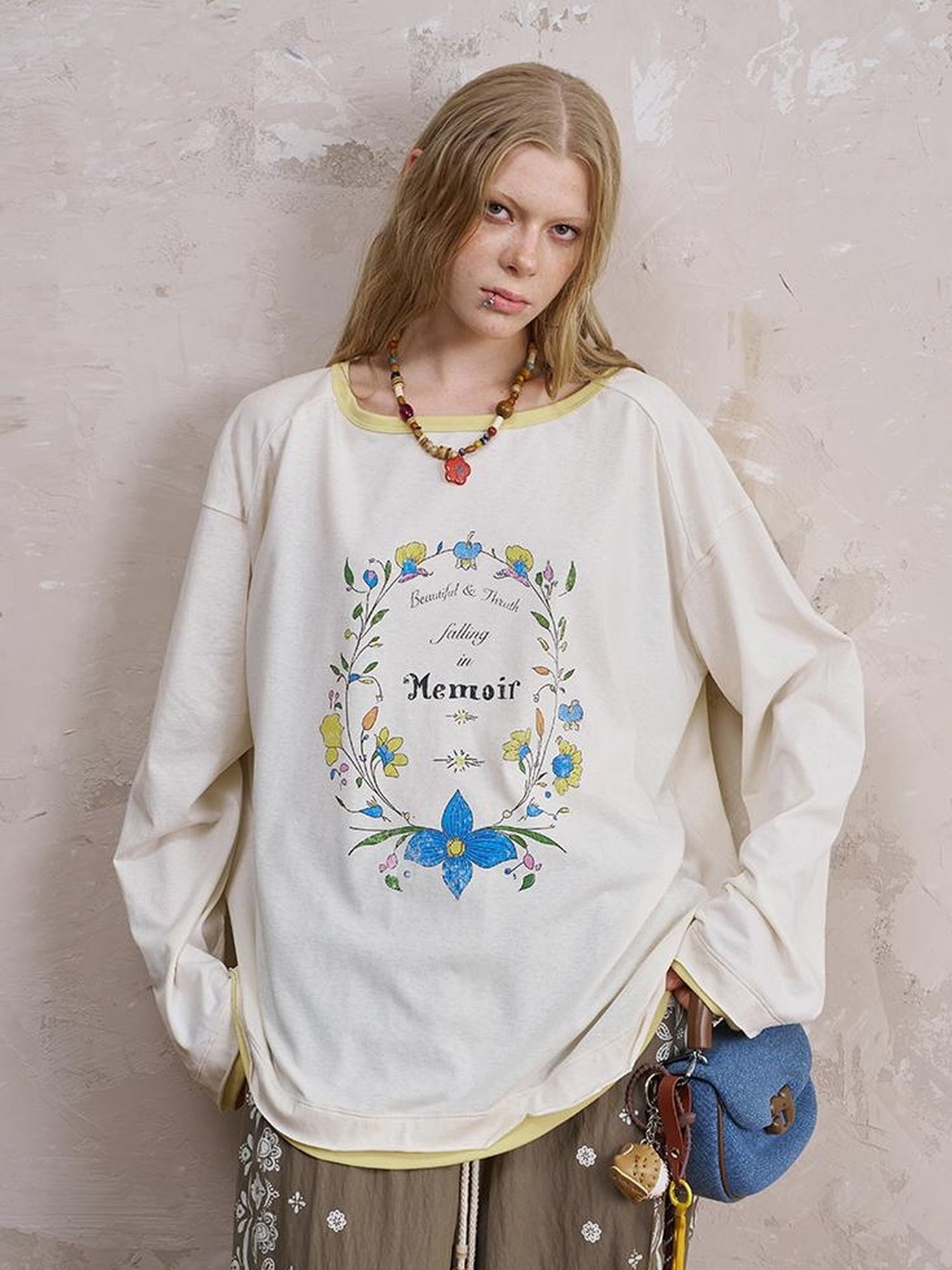 DIDDI MODA Floral Laze Collar Tie Loose Tee