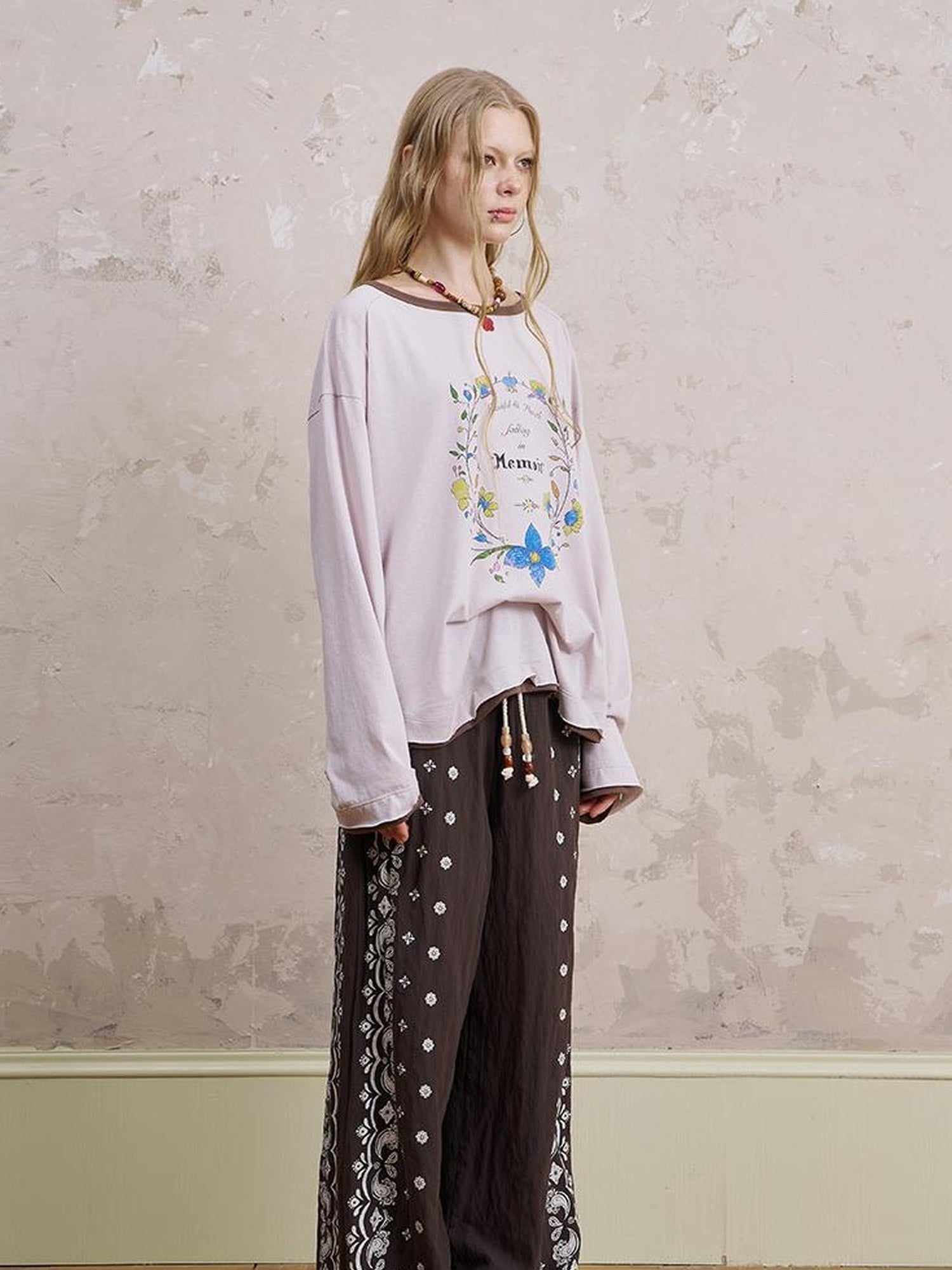 DIDDI MODA Floral Laze Collar Tie Loose Tee