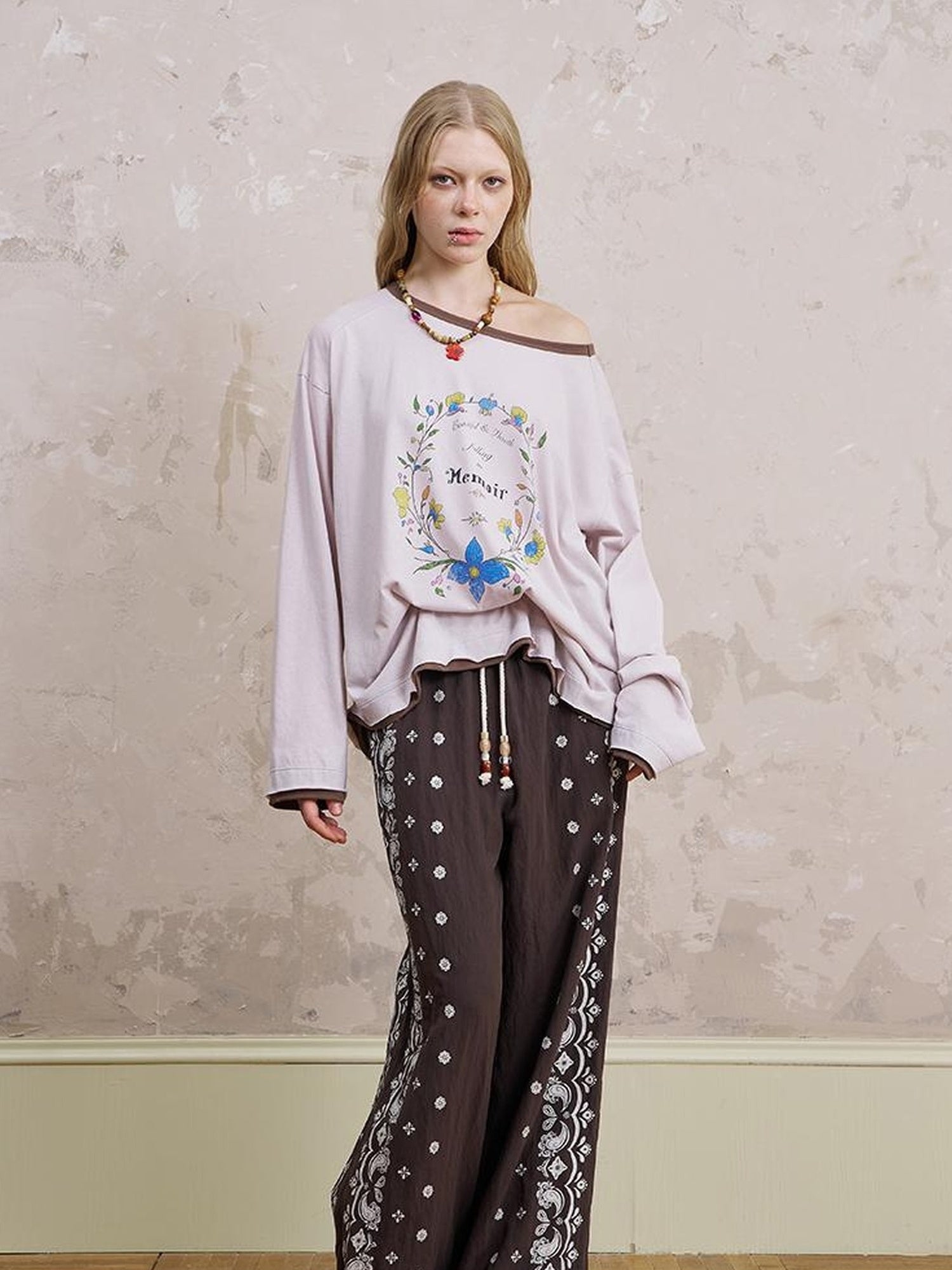 DIDDI MODA Floral Laze Collar Tie Loose Tee