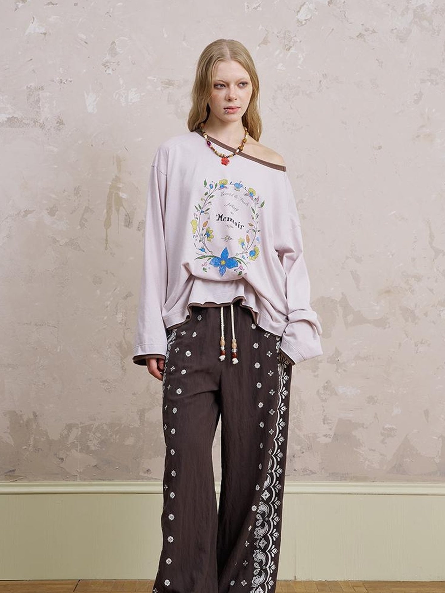DIDDI MODA Floral Laze Collar Tie Loose Tee