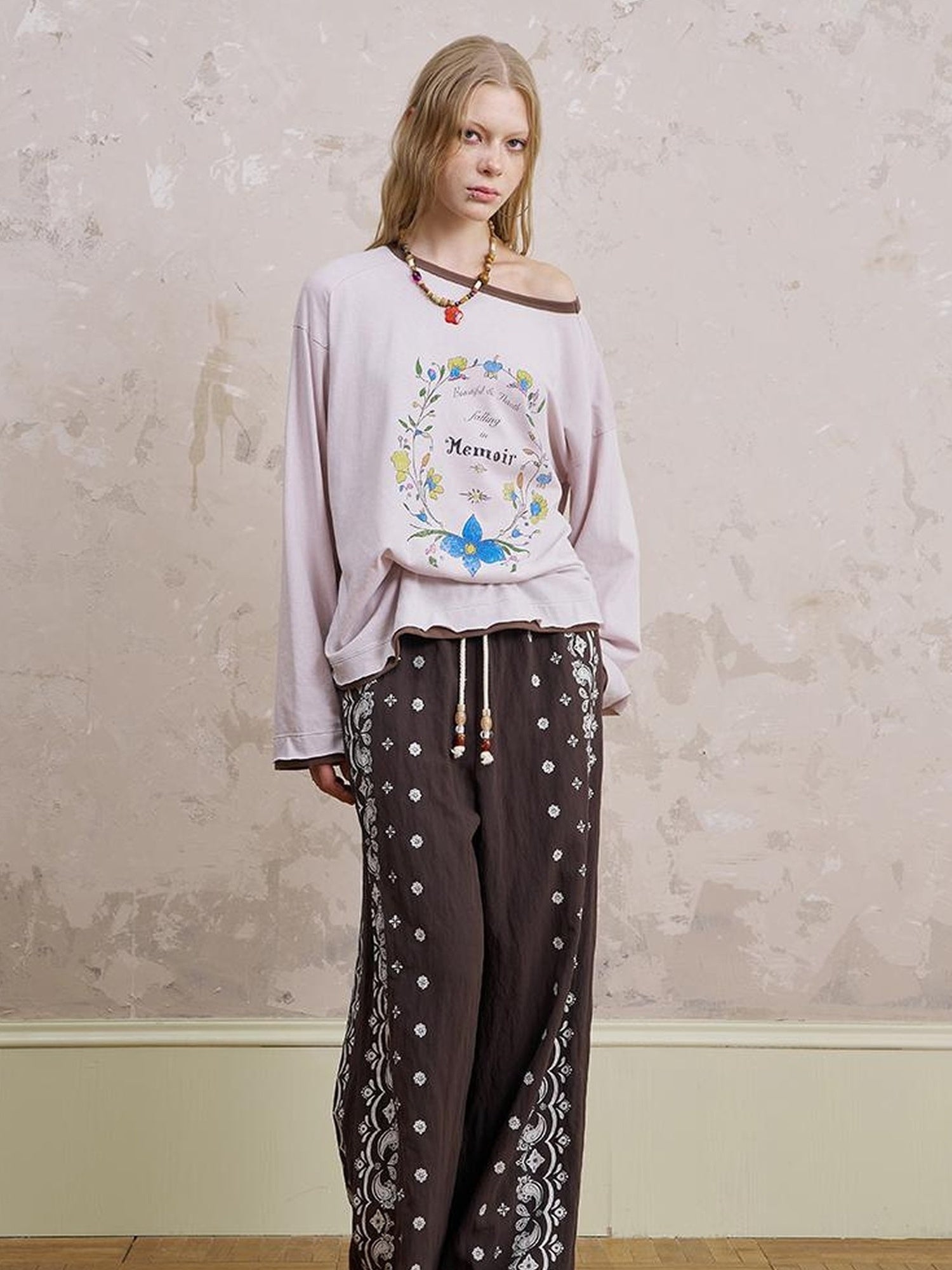 DIDDI MODA Floral Laze Collar Tie Loose Tee