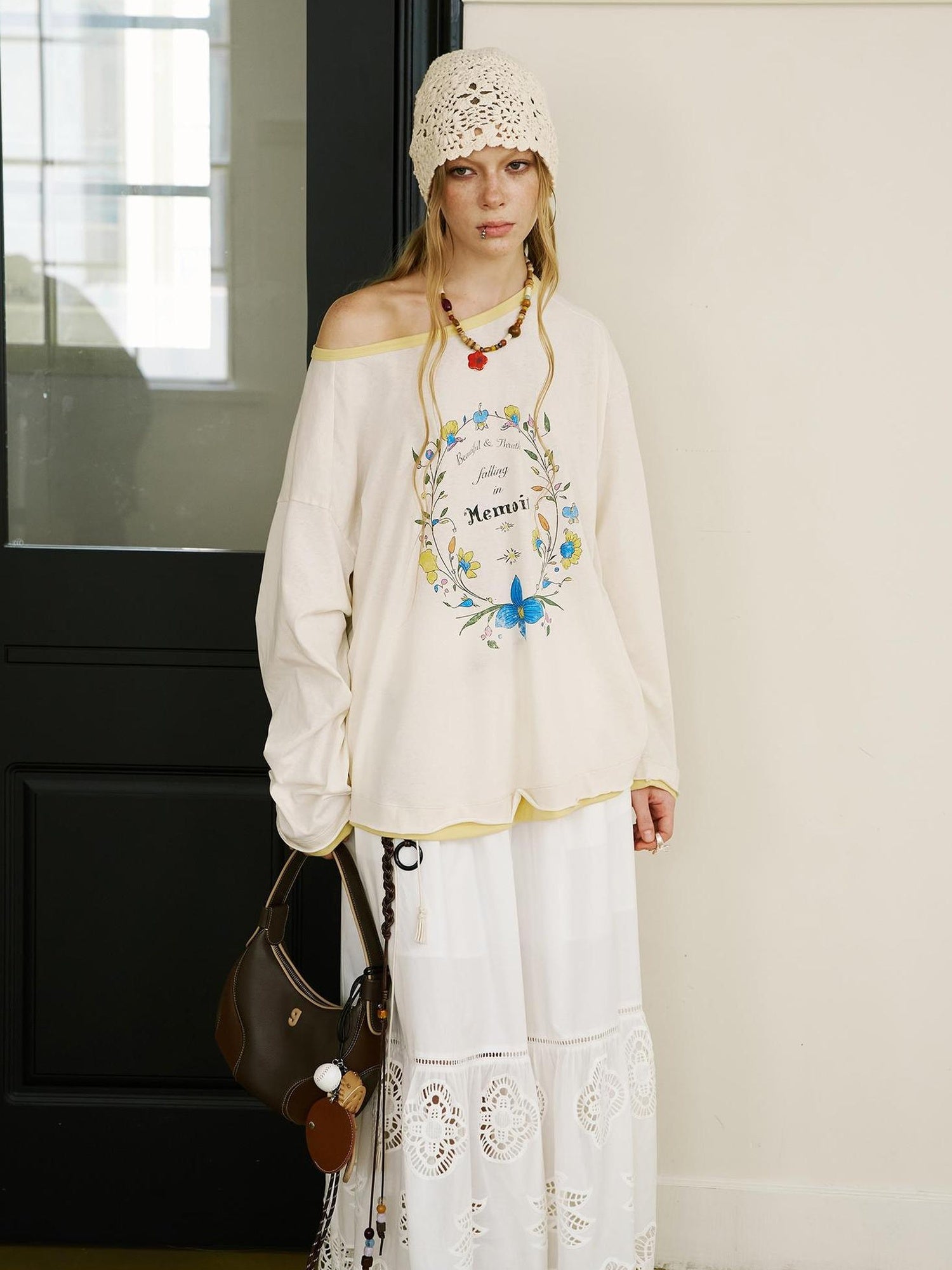 DIDDI MODA Floral Laze Collar Tie Loose Tee