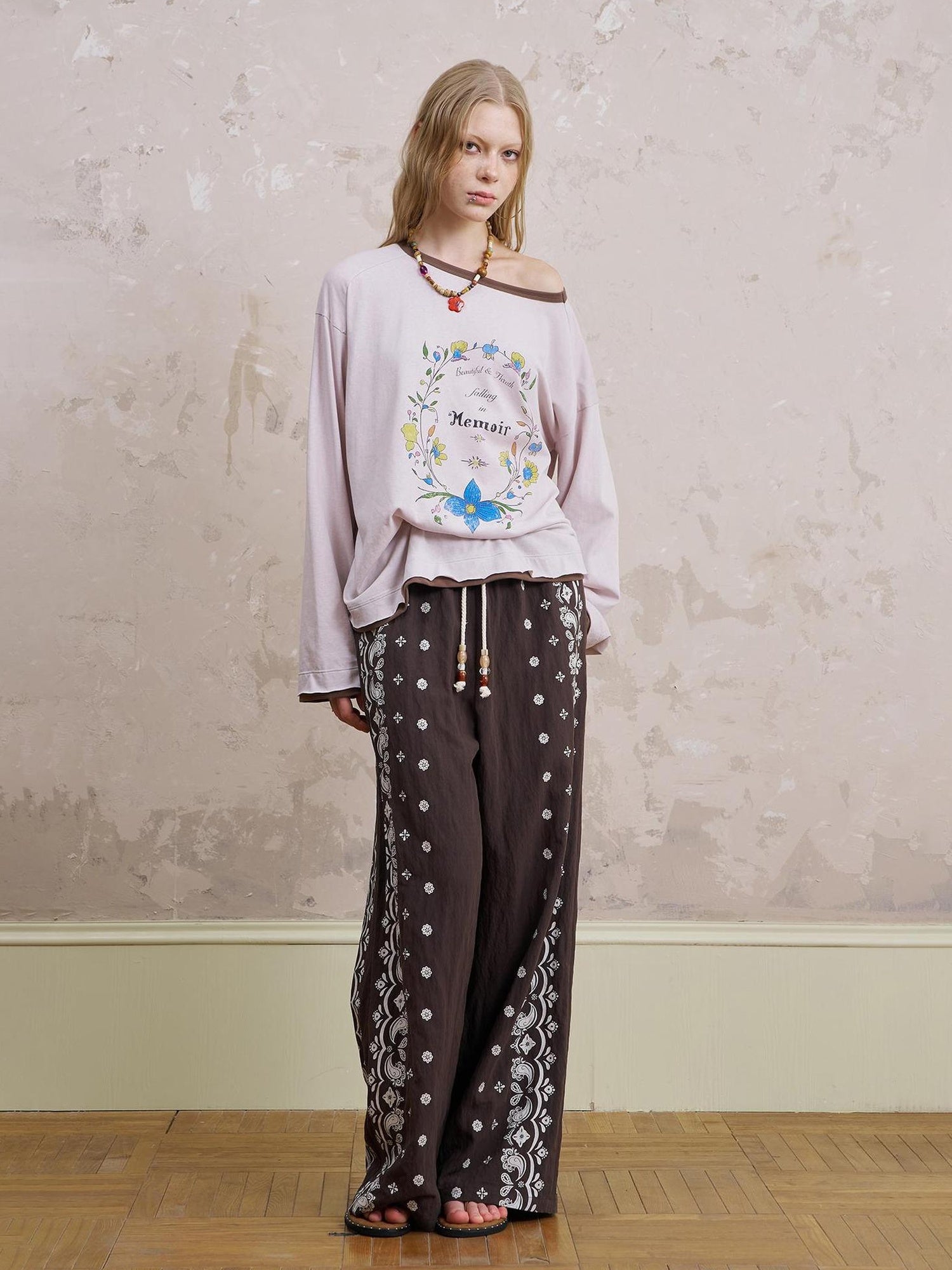 DIDDI MODA Floral Laze Collar Tie Loose Tee