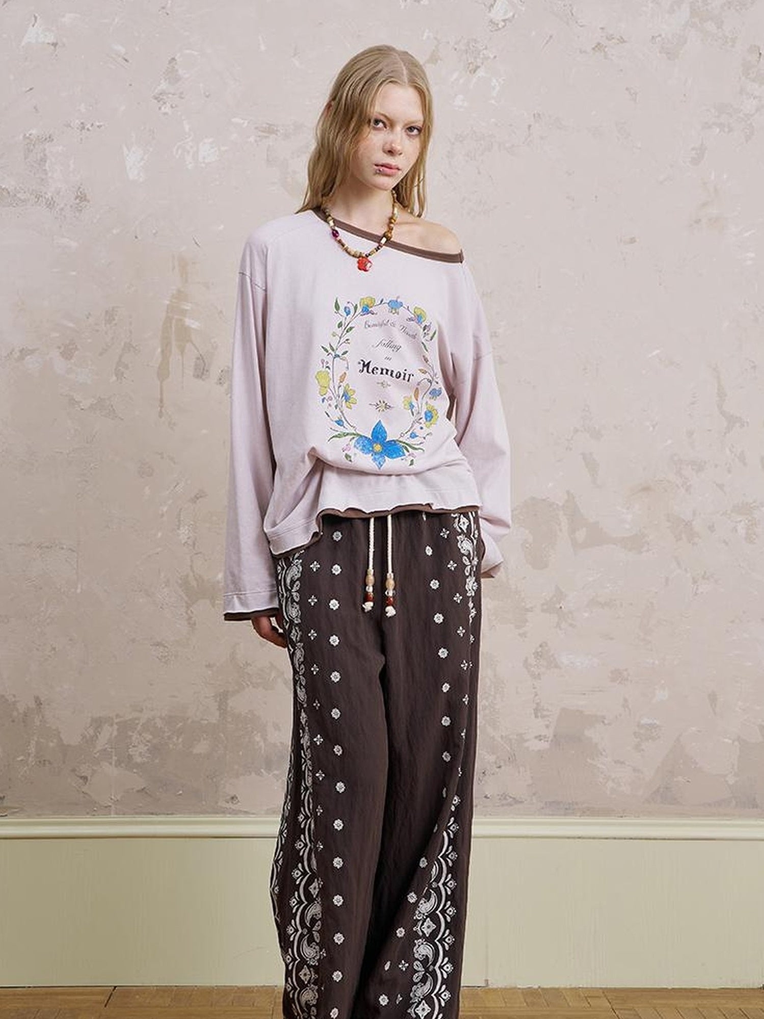 DIDDI MODA Floral Laze Collar Tie Loose Tee