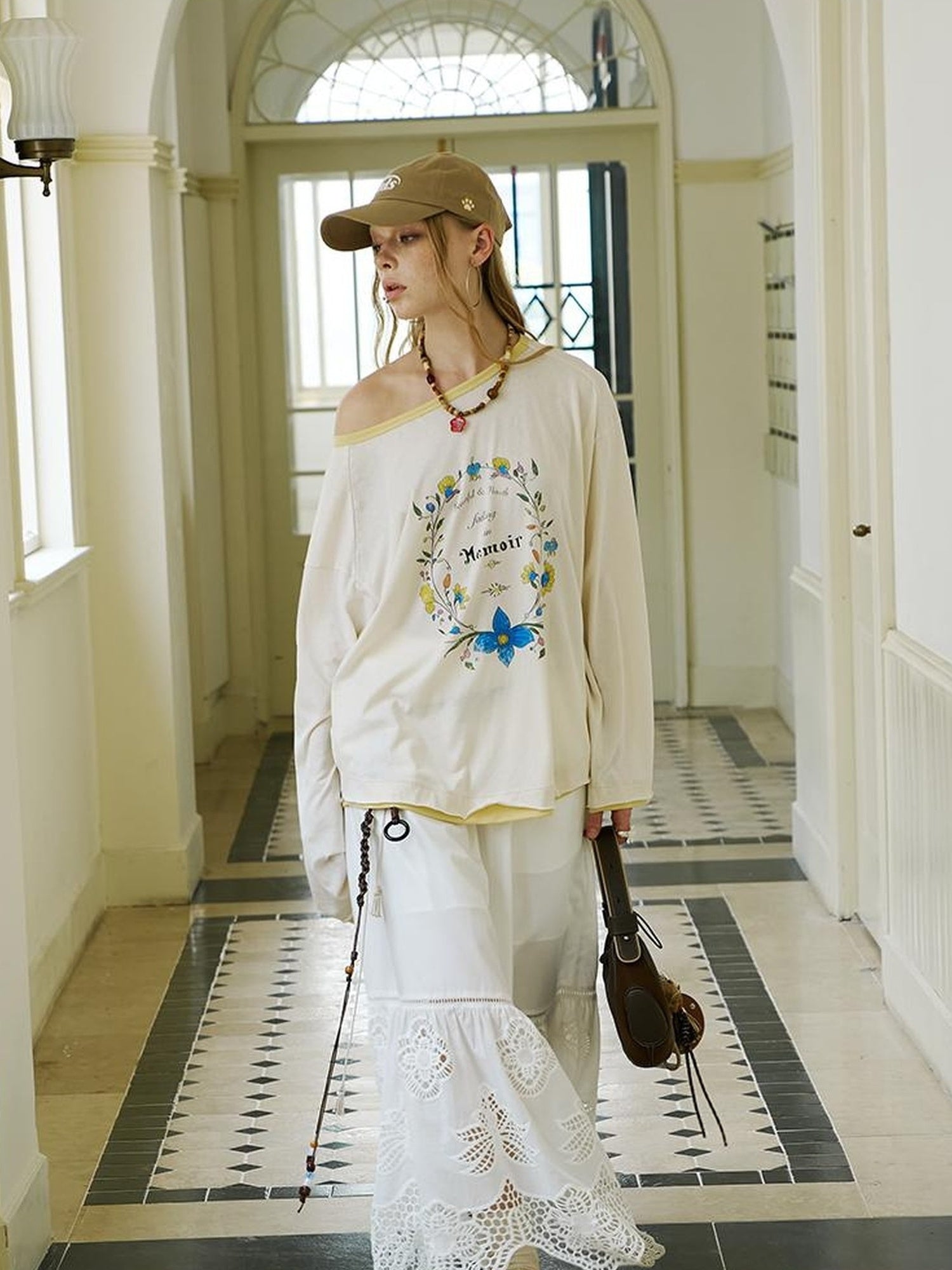 DIDDI MODA Floral Laze Collar Tie Loose Tee