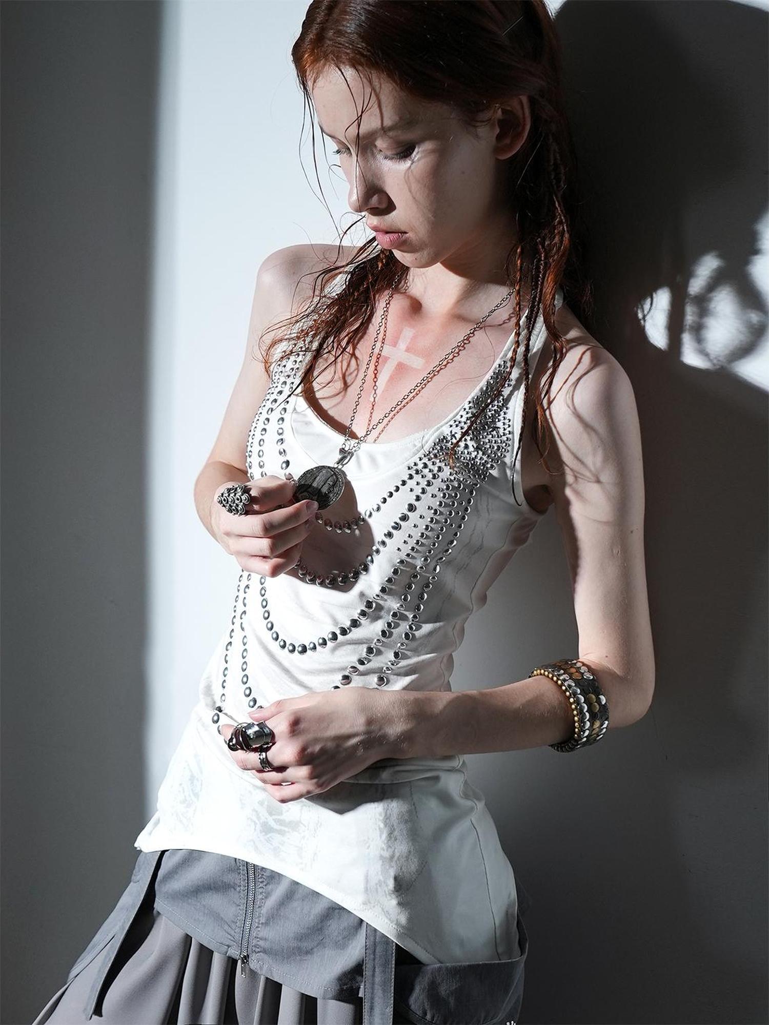 DoublePunch Floral Metal Studded Fitted Long Vest For Women