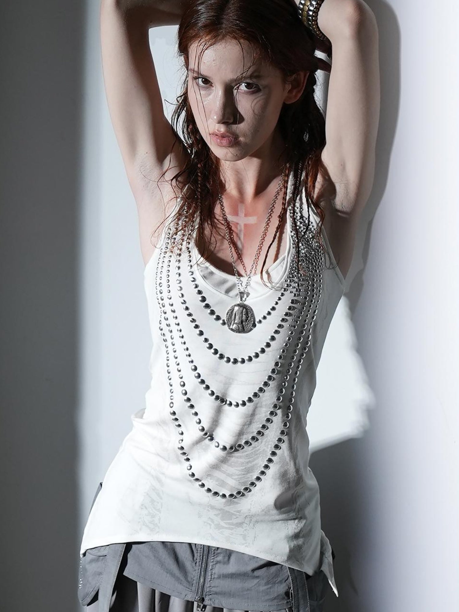 DoublePunch Floral Metal Studded Fitted Long Vest For Women