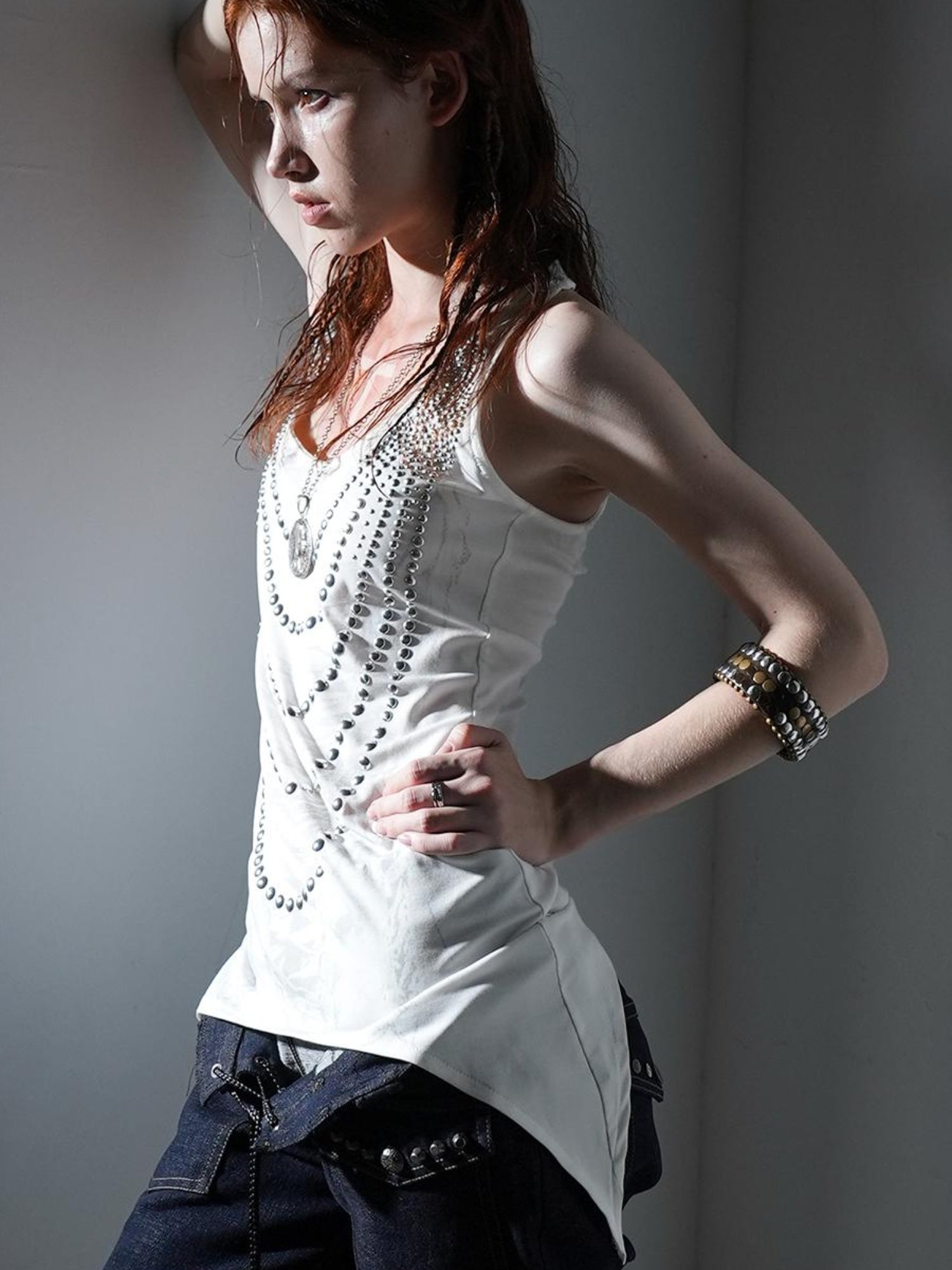 DoublePunch Floral Metal Studded Fitted Long Vest For Women