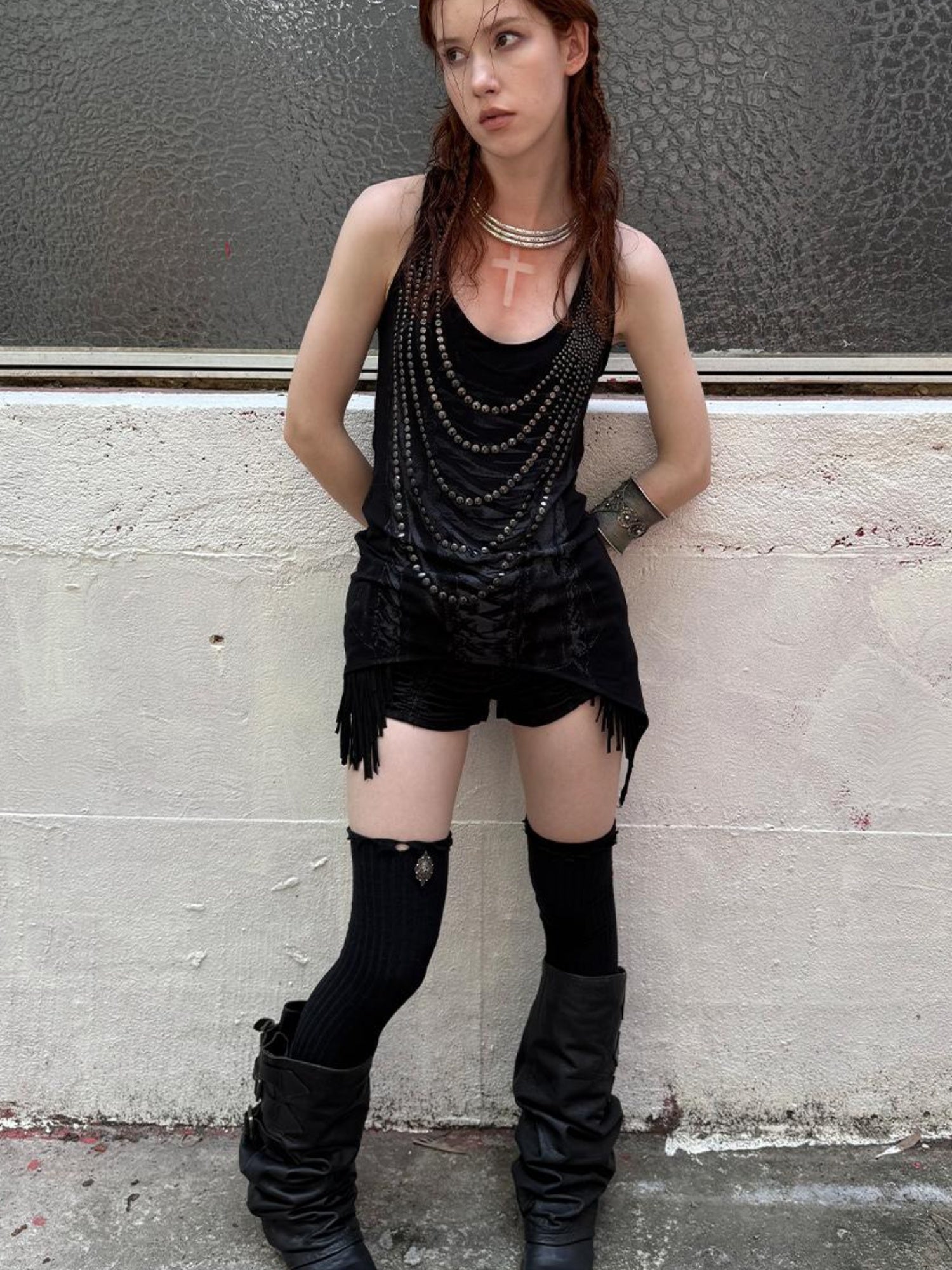 DoublePunch Floral Metal Studded Fitted Long Vest For Women