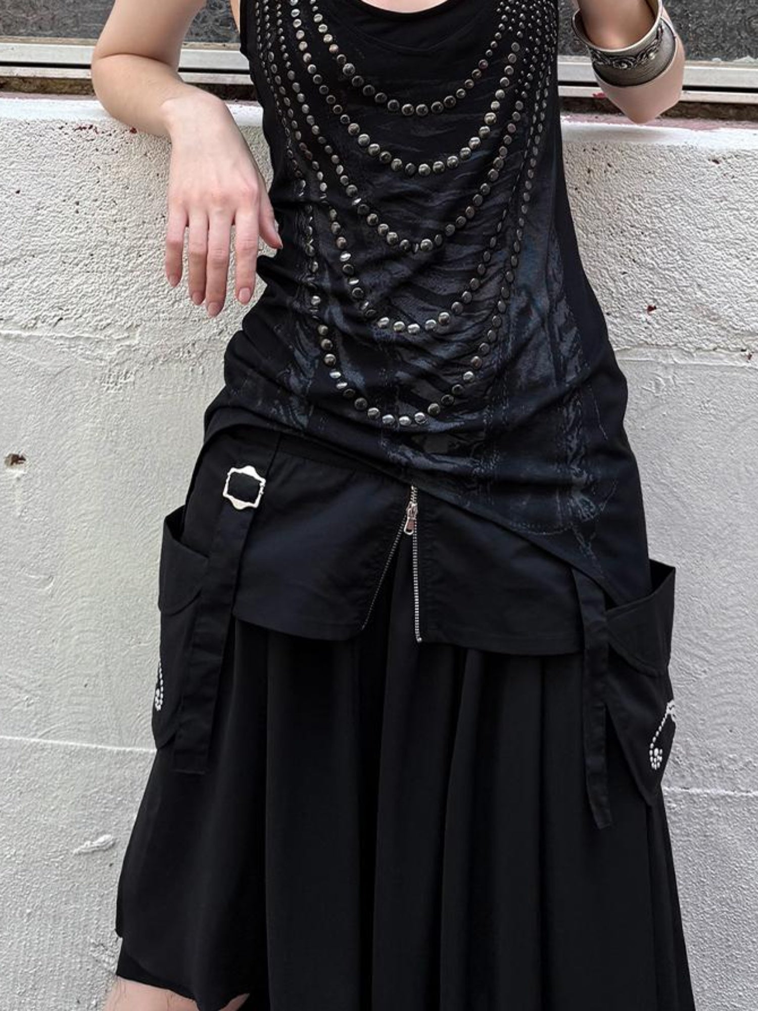 DoublePunch Floral Metal Studded Fitted Long Vest For Women
