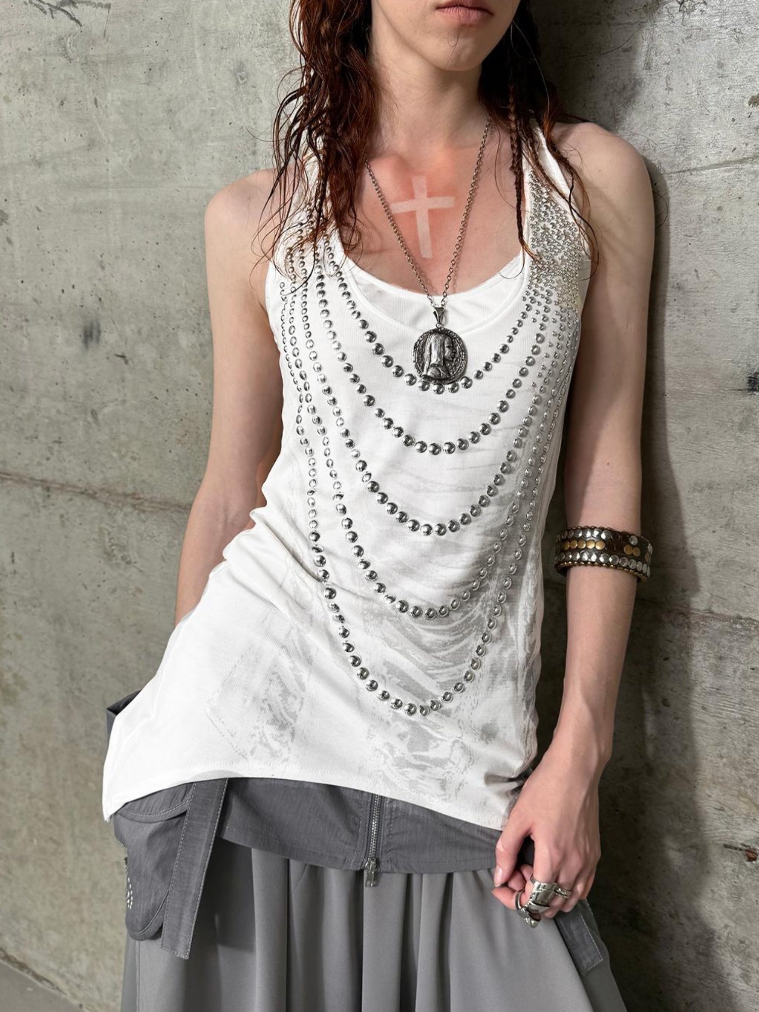 DoublePunch Floral Metal Studded Fitted Long Vest For Women