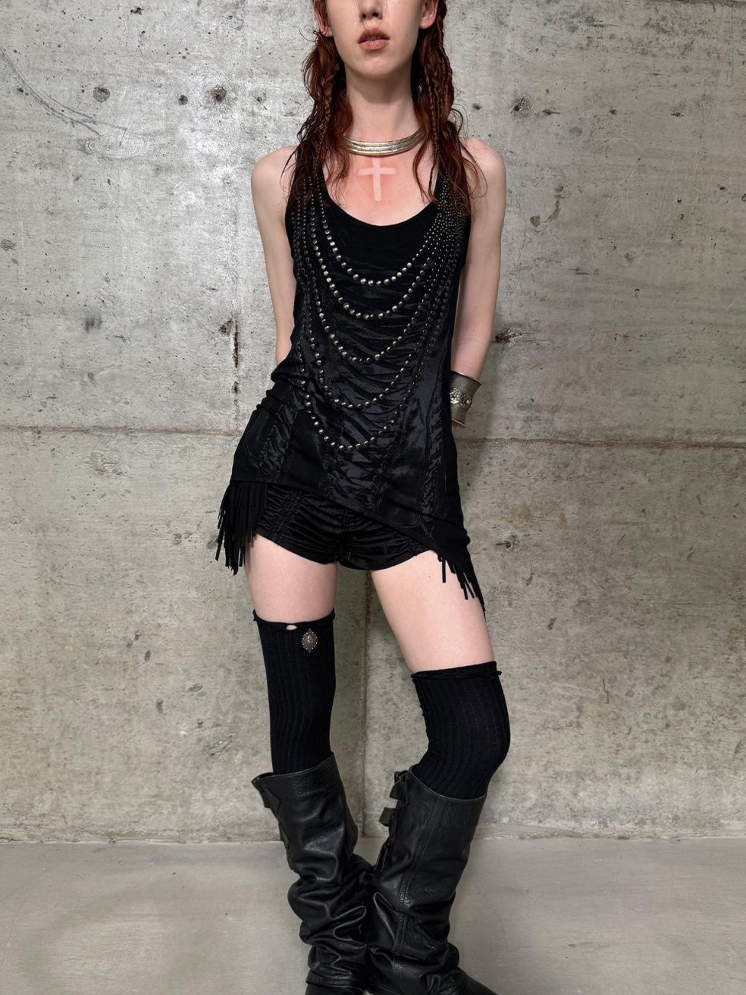 DoublePunch Floral Metal Studded Fitted Long Vest For Women