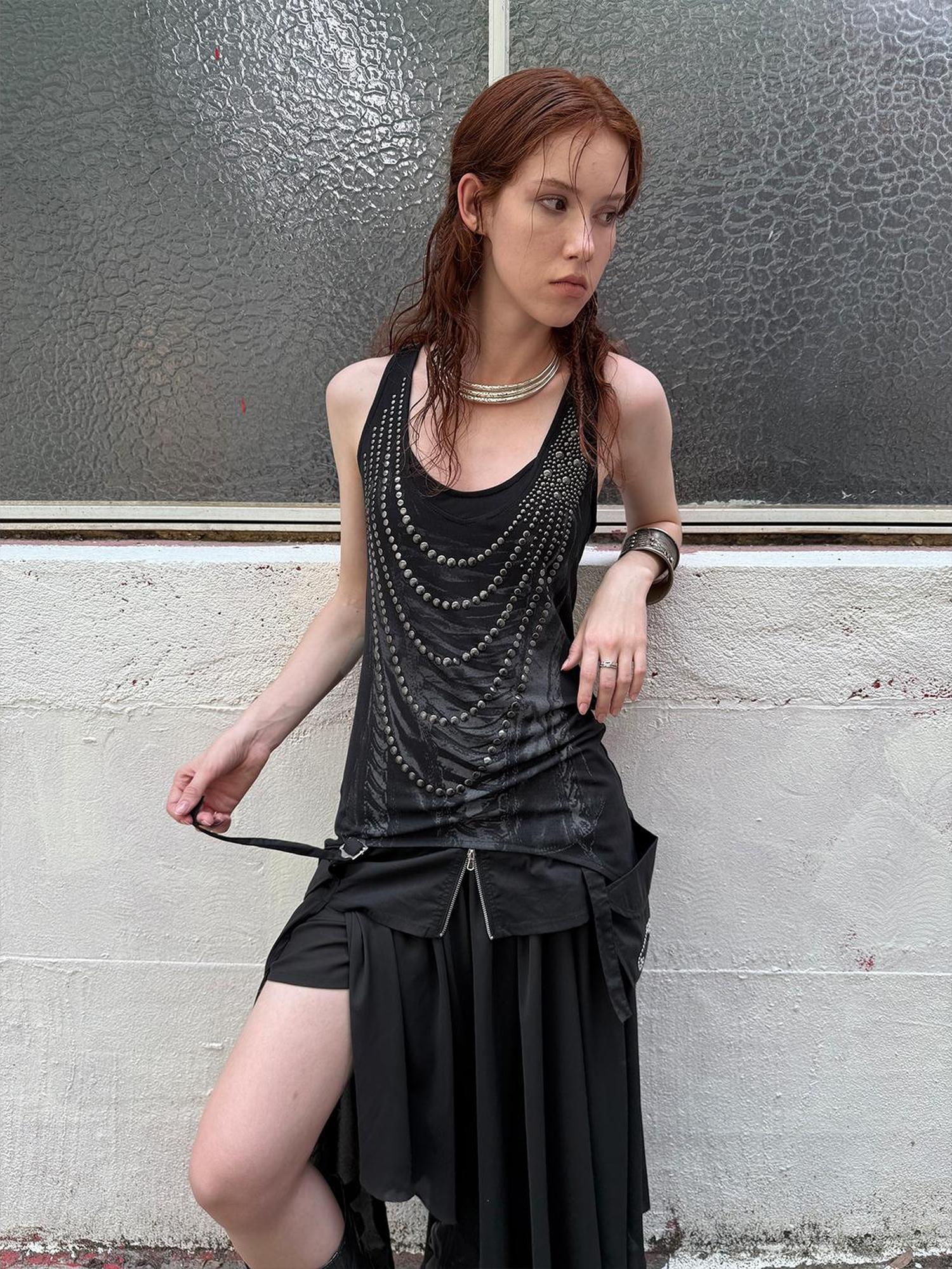 DoublePunch Floral Metal Studded Fitted Long Vest For Women