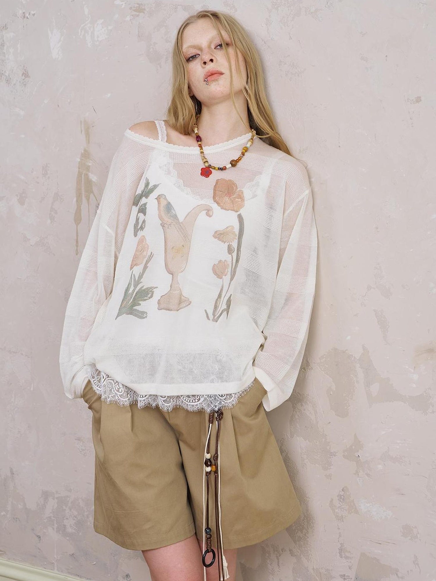 DIDDI MODA Floral Mist Knit Set Sheer Top Tee Shorts