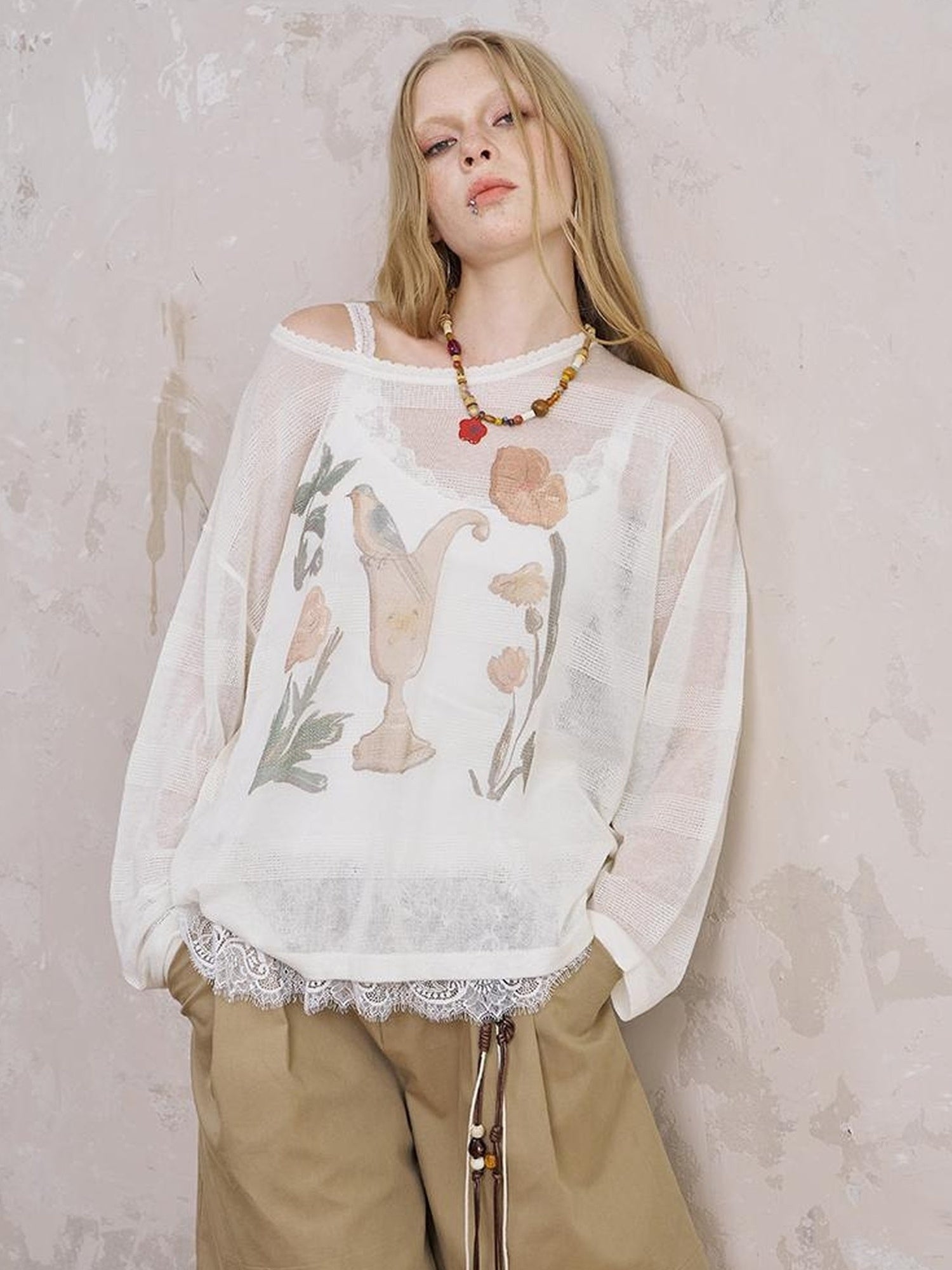 DIDDI MODA Floral Mist Knit Set Sheer Top Tee Shorts