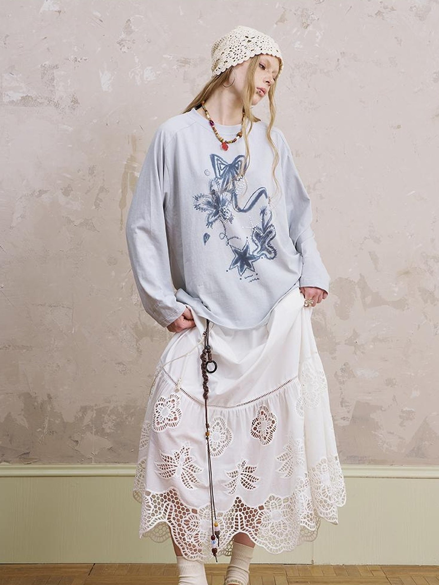 DIDDI MODA Floral Mist Knit Set Sheer Top Tee Shorts