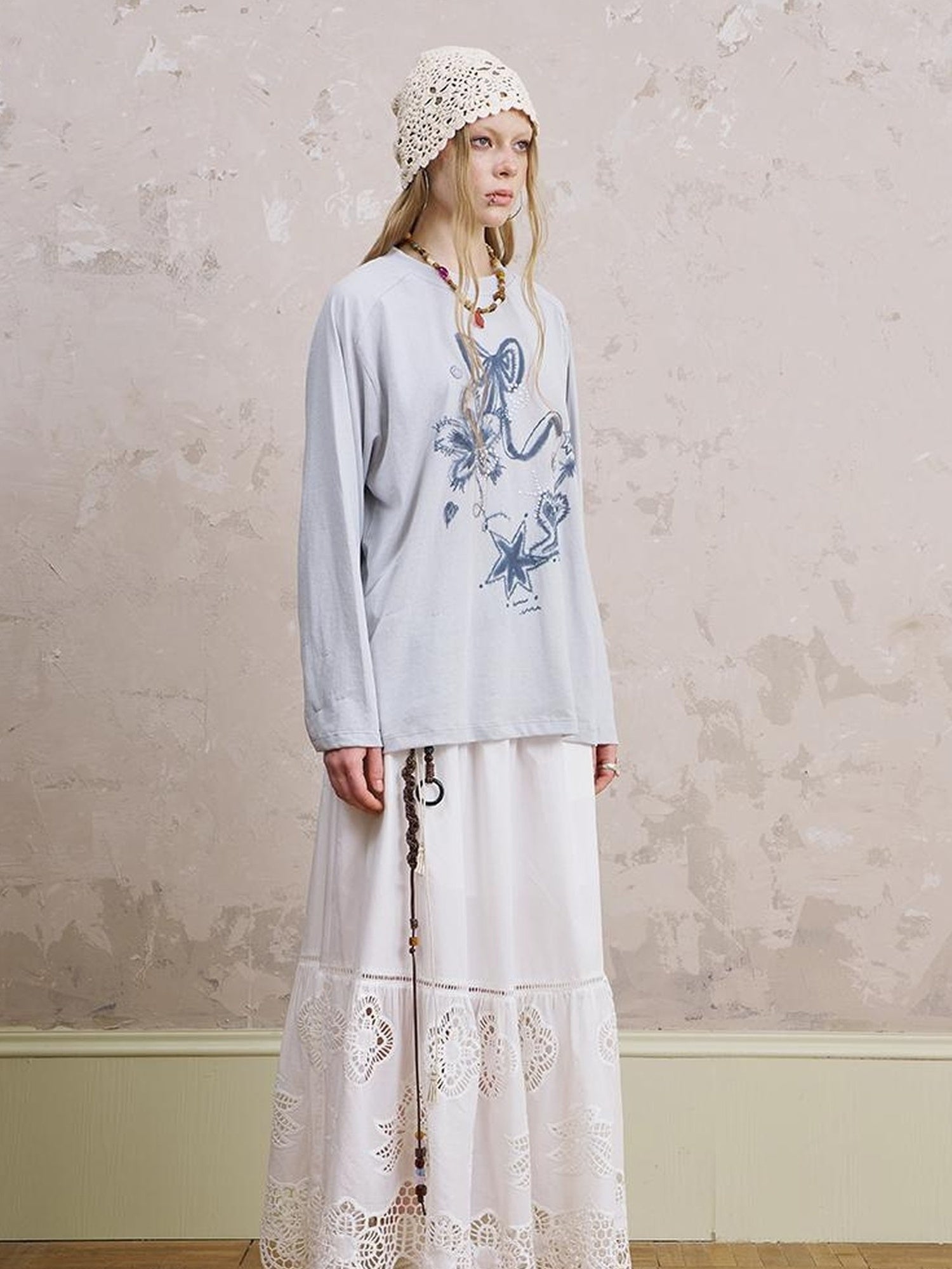 DIDDI MODA Floral Mist Knit Set Sheer Top Tee Shorts