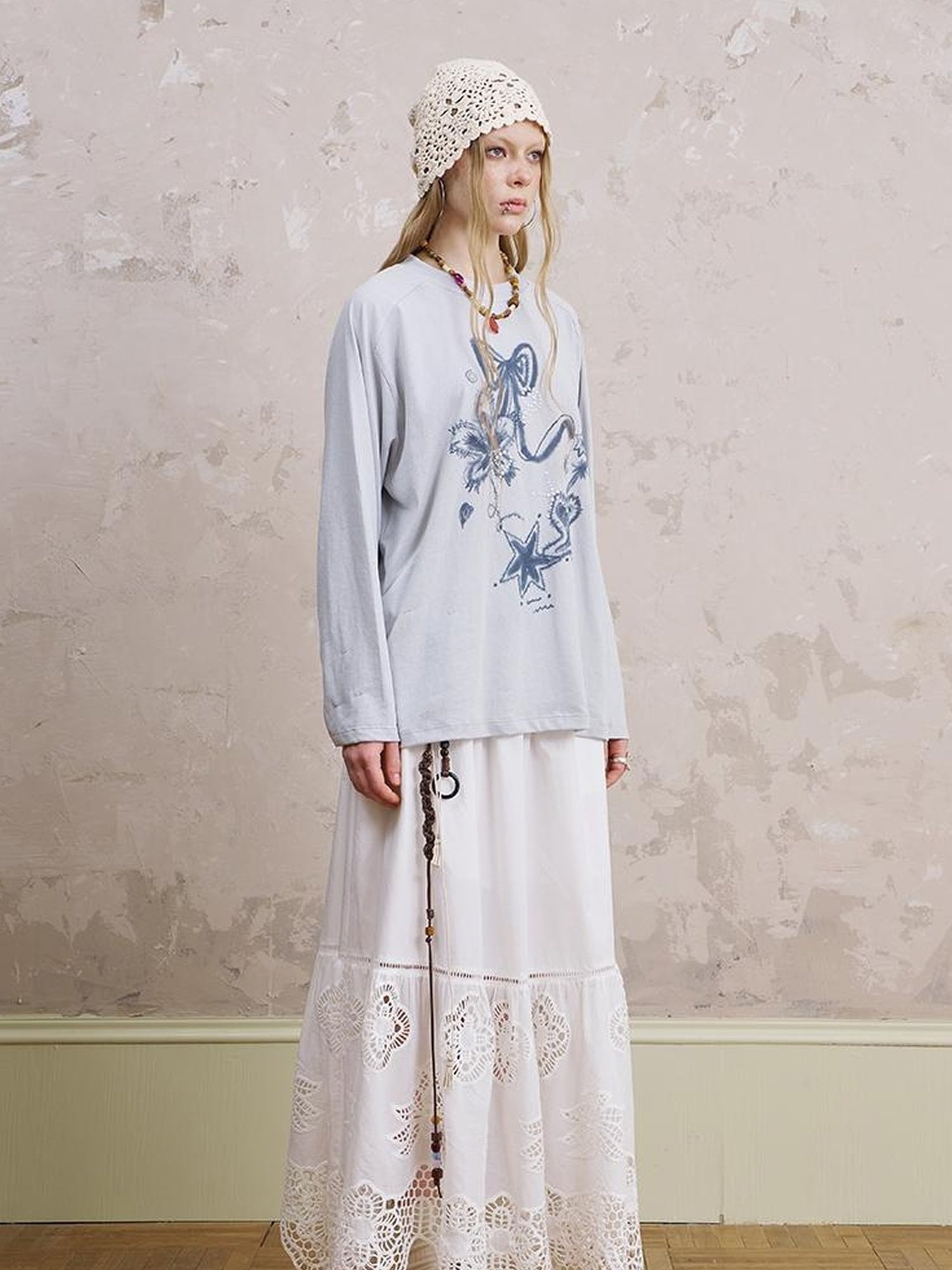 DIDDI MODA Floral Mist Knit Set Sheer Top Tee Shorts