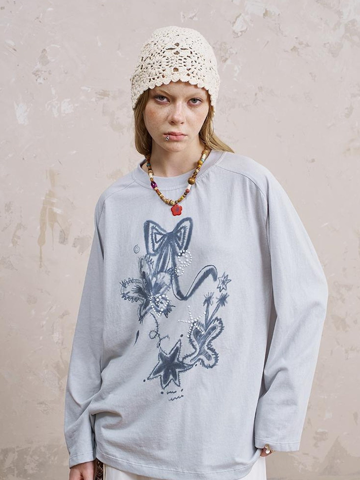 DIDDI MODA Floral Mist Knit Set Sheer Top Tee Shorts