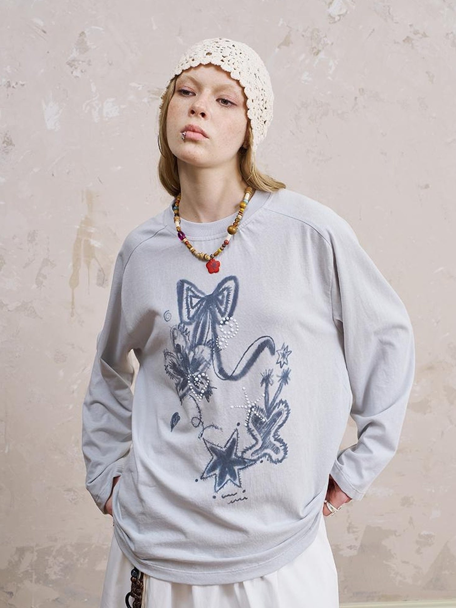 DIDDI MODA Floral Mist Knit Set Sheer Top Tee Shorts