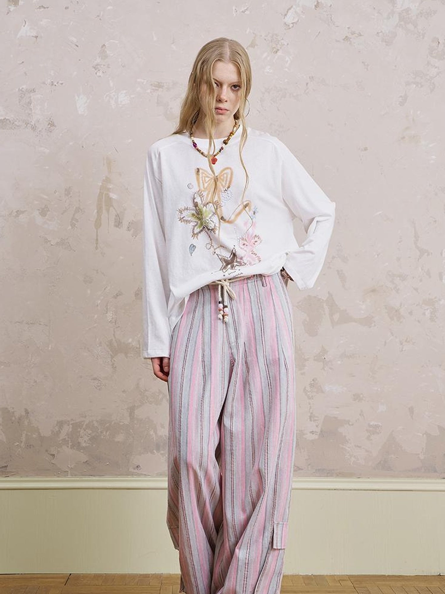 DIDDI MODA Floral Mist Knit Set Sheer Top Tee Shorts