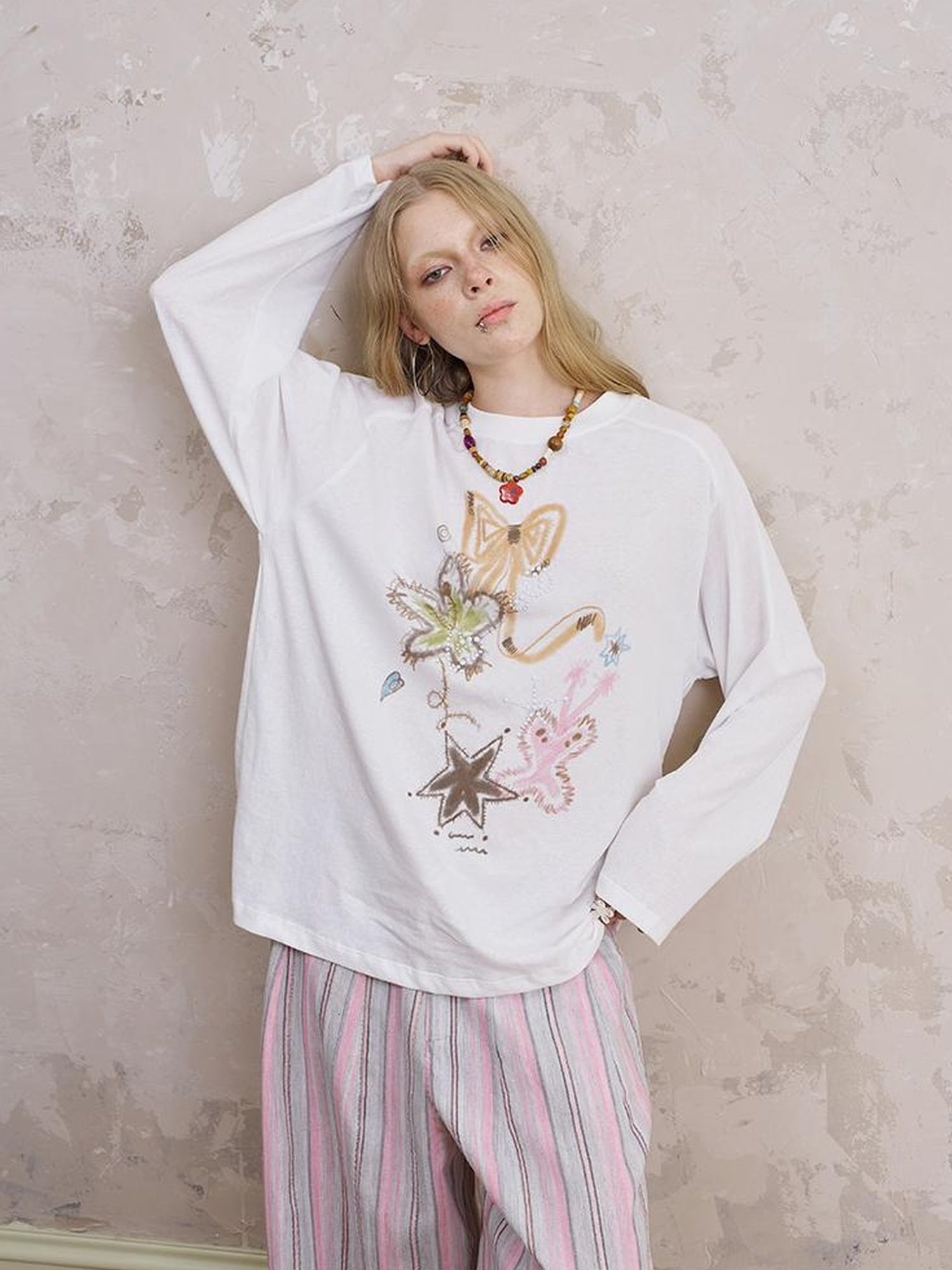 DIDDI MODA Floral Mist Knit Set Sheer Top Tee Shorts