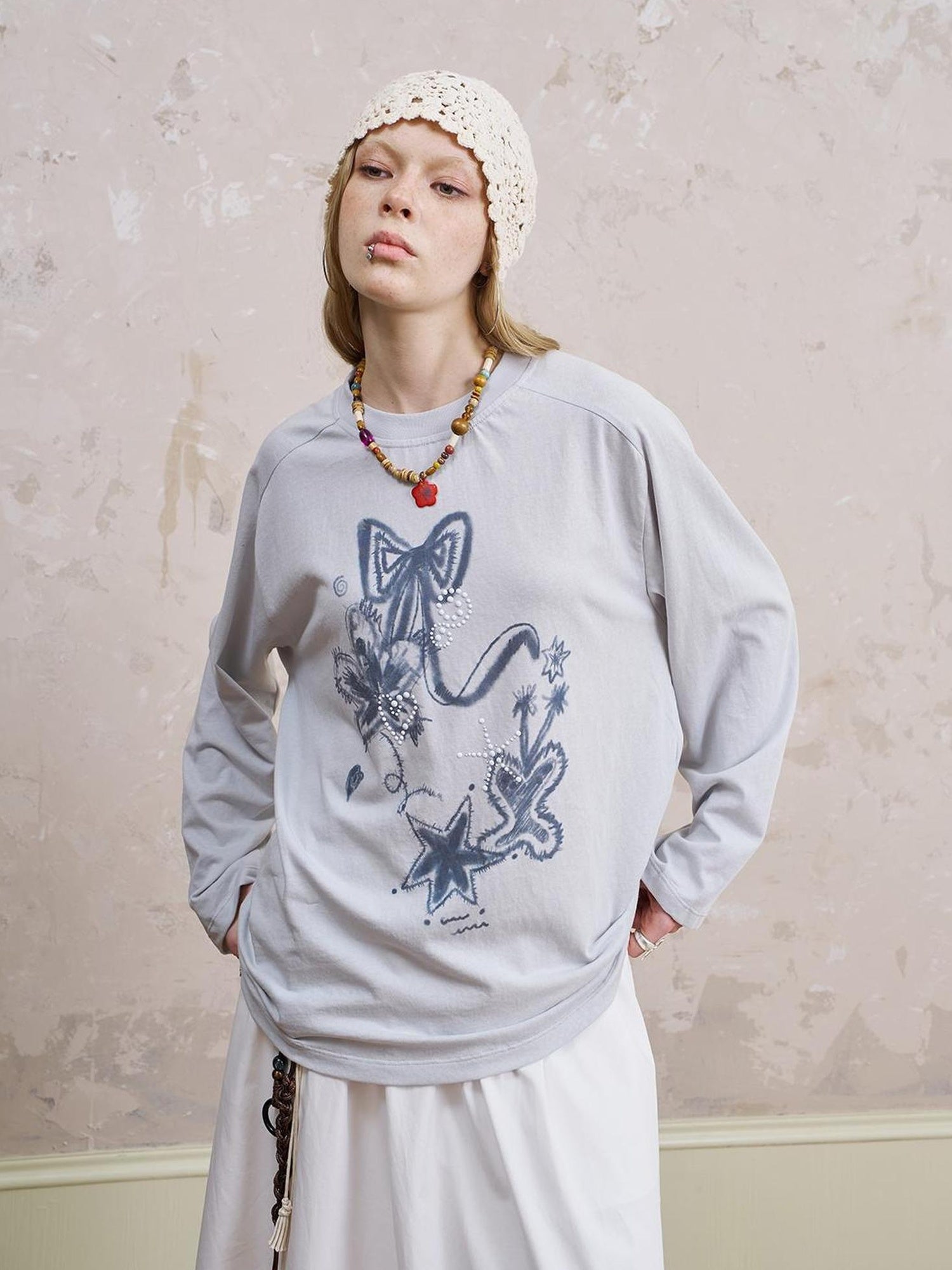 DIDDI MODA Floral Mist Knit Set Sheer Top Tee Shorts