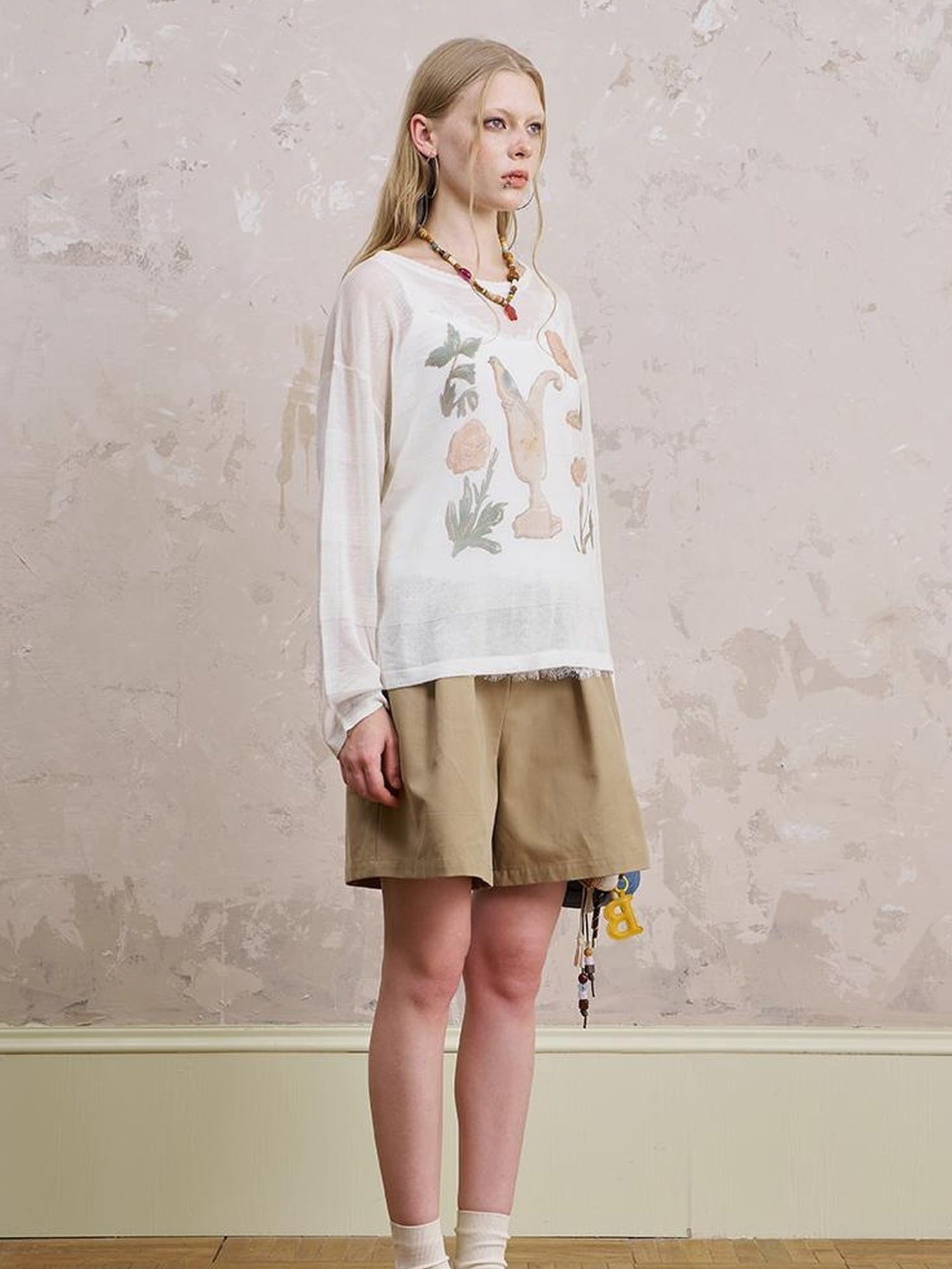 DIDDI MODA Floral Mist Knit Set Sheer Top Tee Shorts