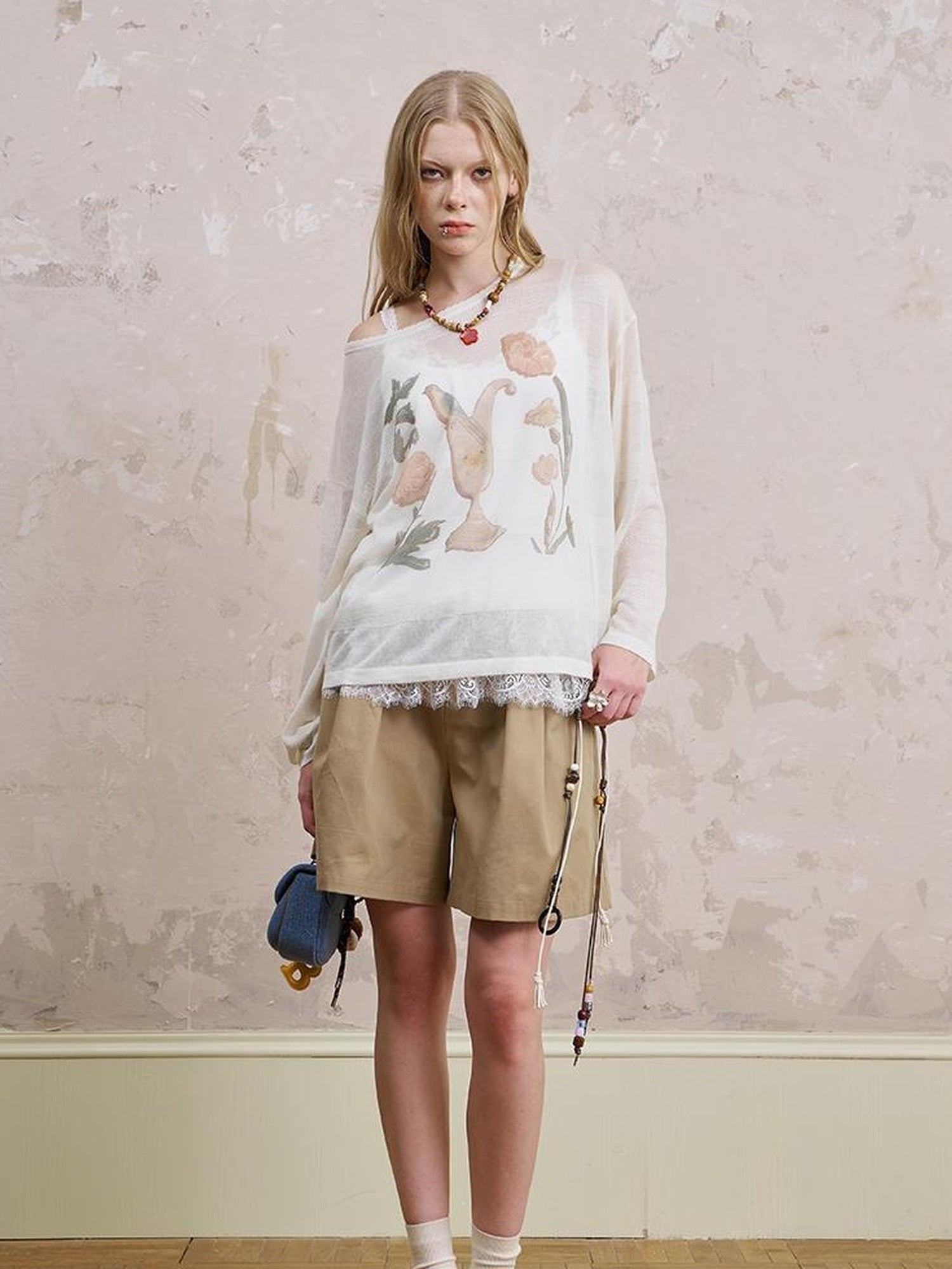 DIDDI MODA Floral Mist Knit Set Sheer Top Tee Shorts