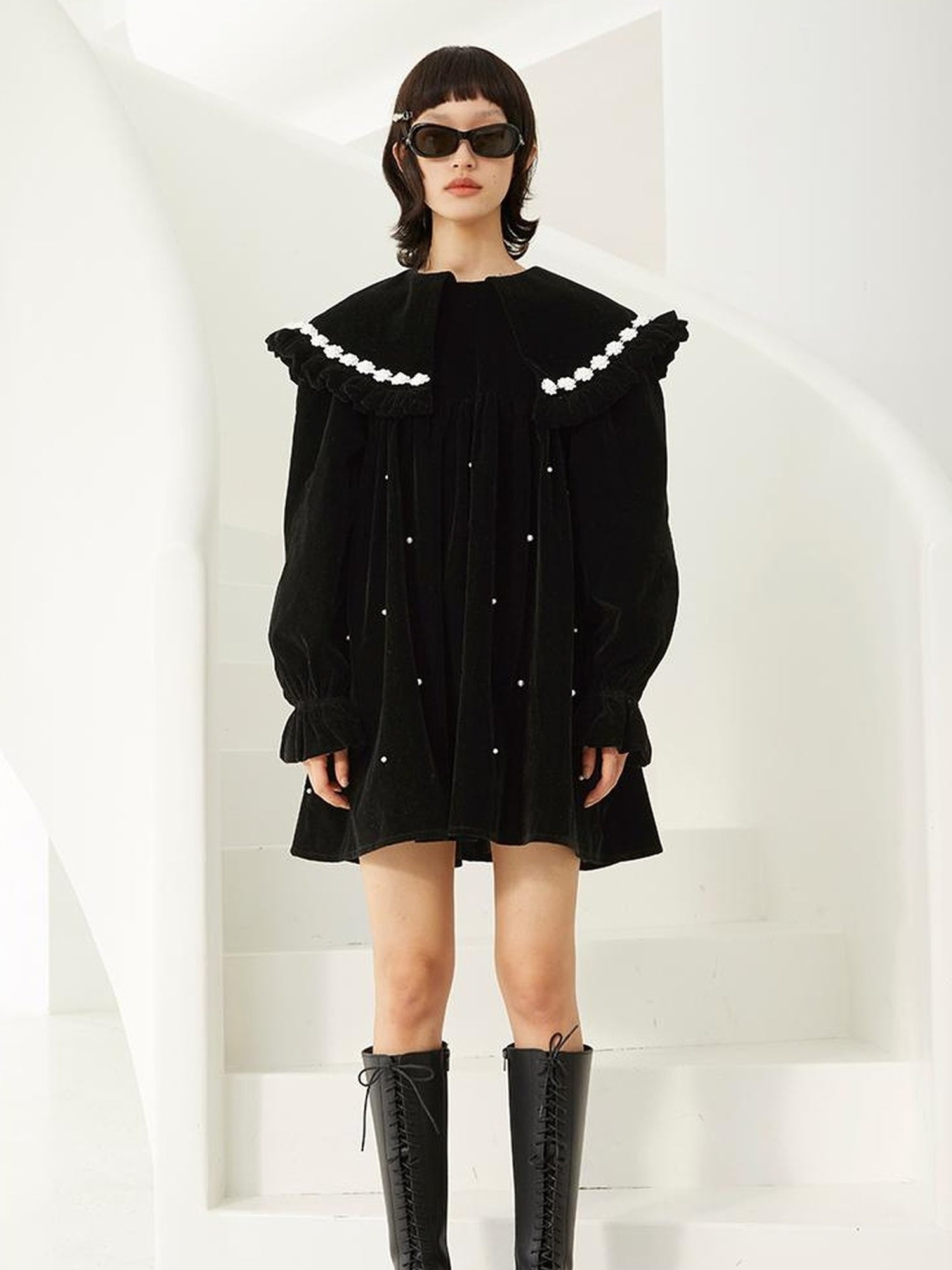 DIDDI MODA Floral Pearl Trimmed A Line Babydoll Dress