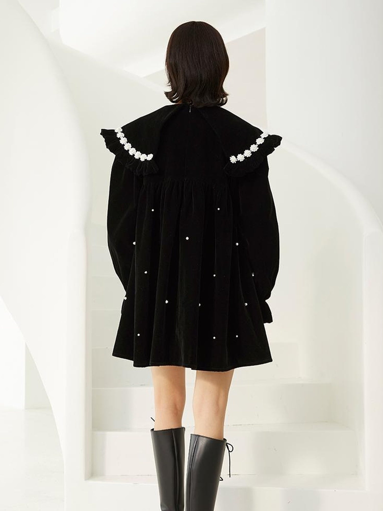 DIDDI MODA Floral Pearl Trimmed A Line Babydoll Dress