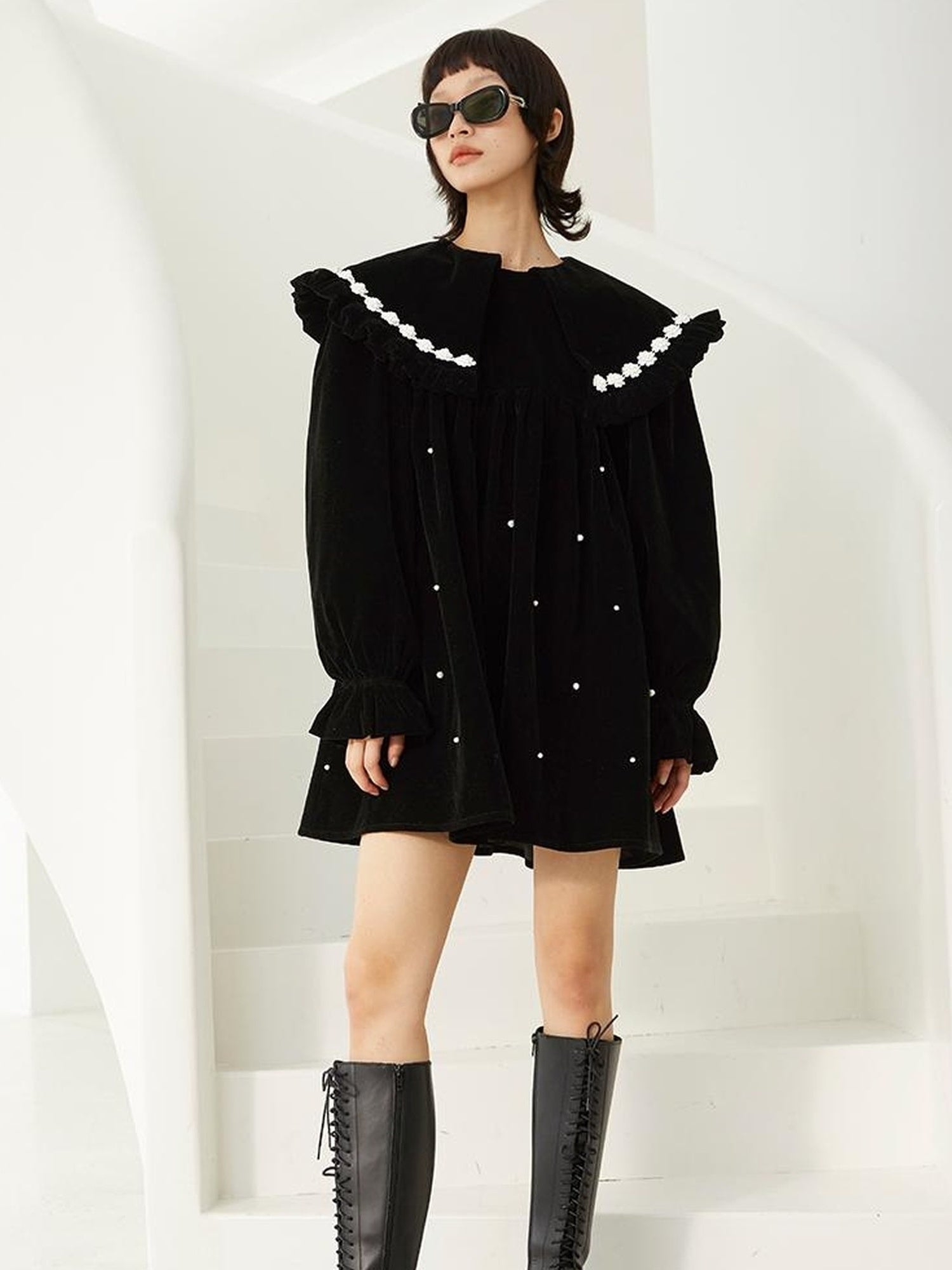 DIDDI MODA Floral Pearl Trimmed A Line Babydoll Dress