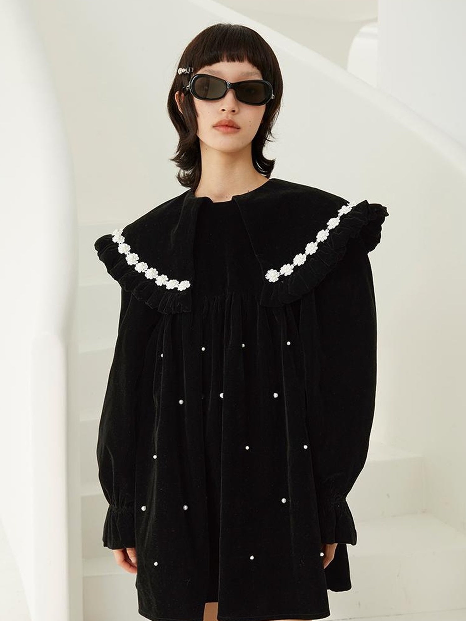 DIDDI MODA Floral Pearl Trimmed A Line Babydoll Dress