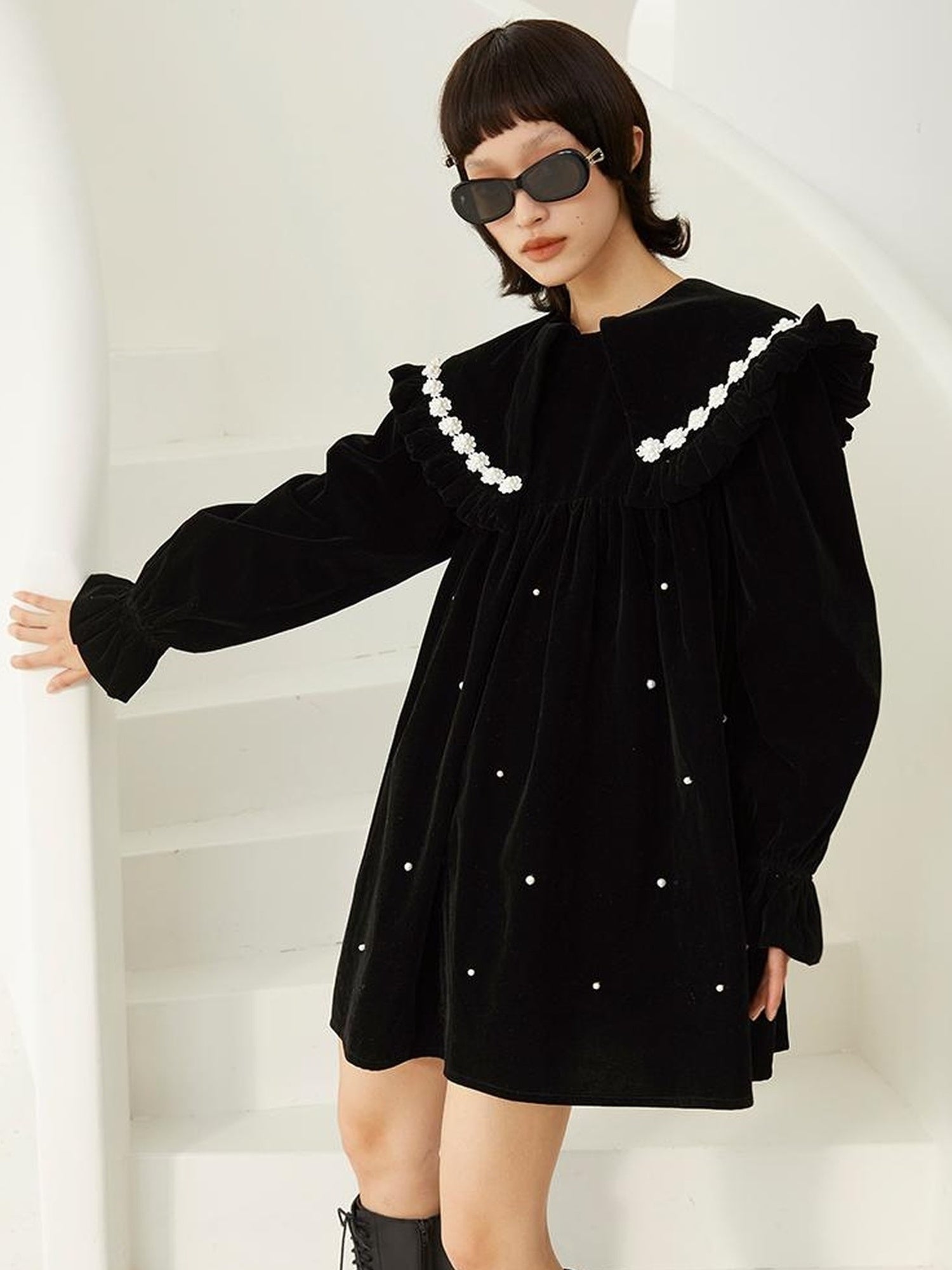 DIDDI MODA Floral Pearl Trimmed A Line Babydoll Dress