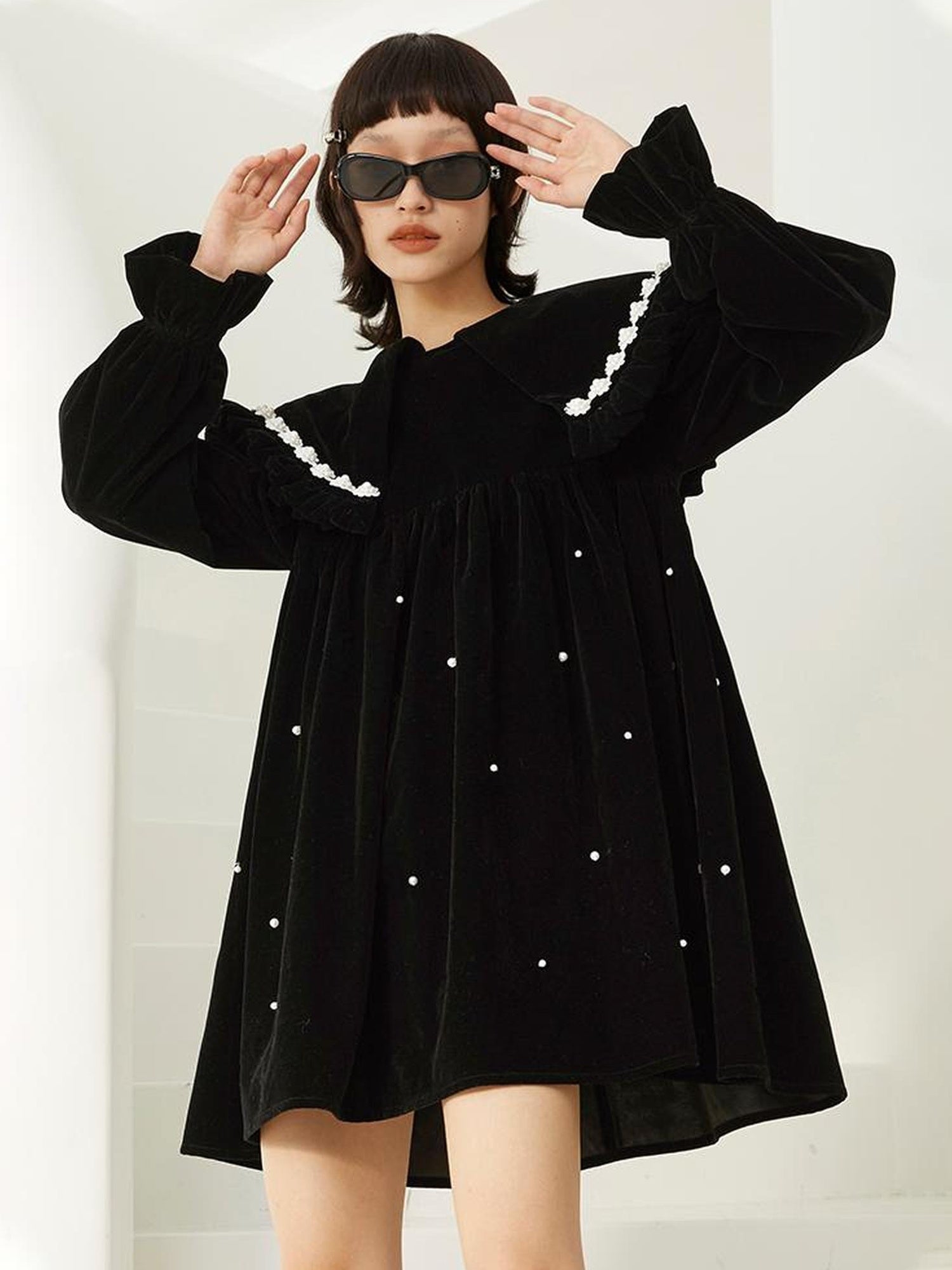 DIDDI MODA Floral Pearl Trimmed A Line Babydoll Dress