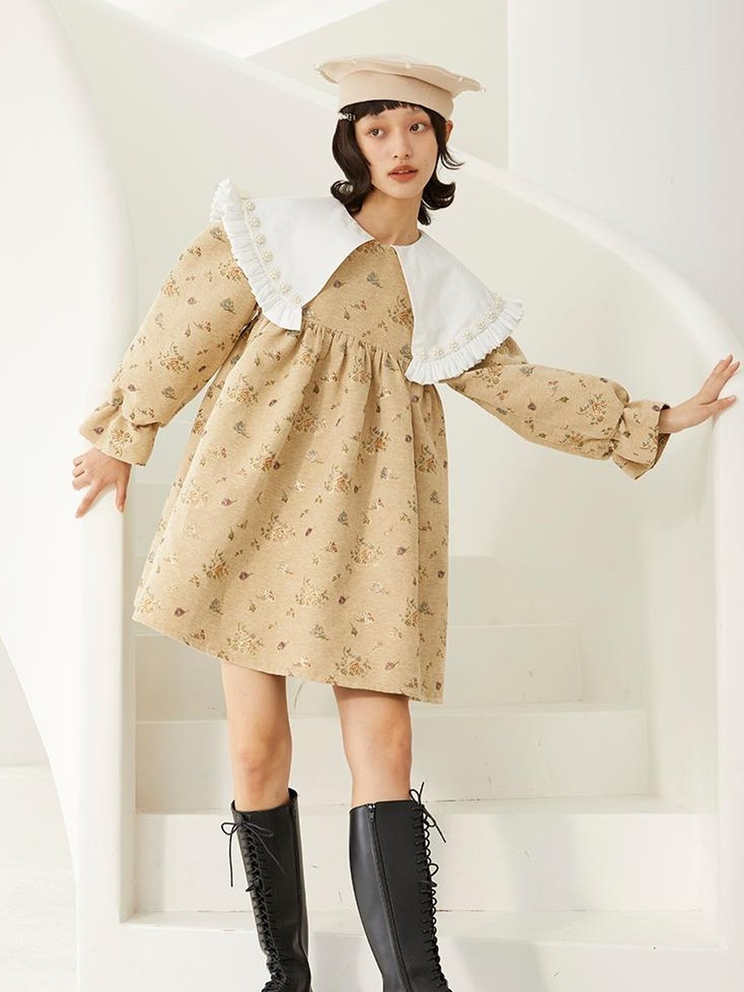 DIDDI MODA Floral Pearl Trimmed A Line Babydoll Dress