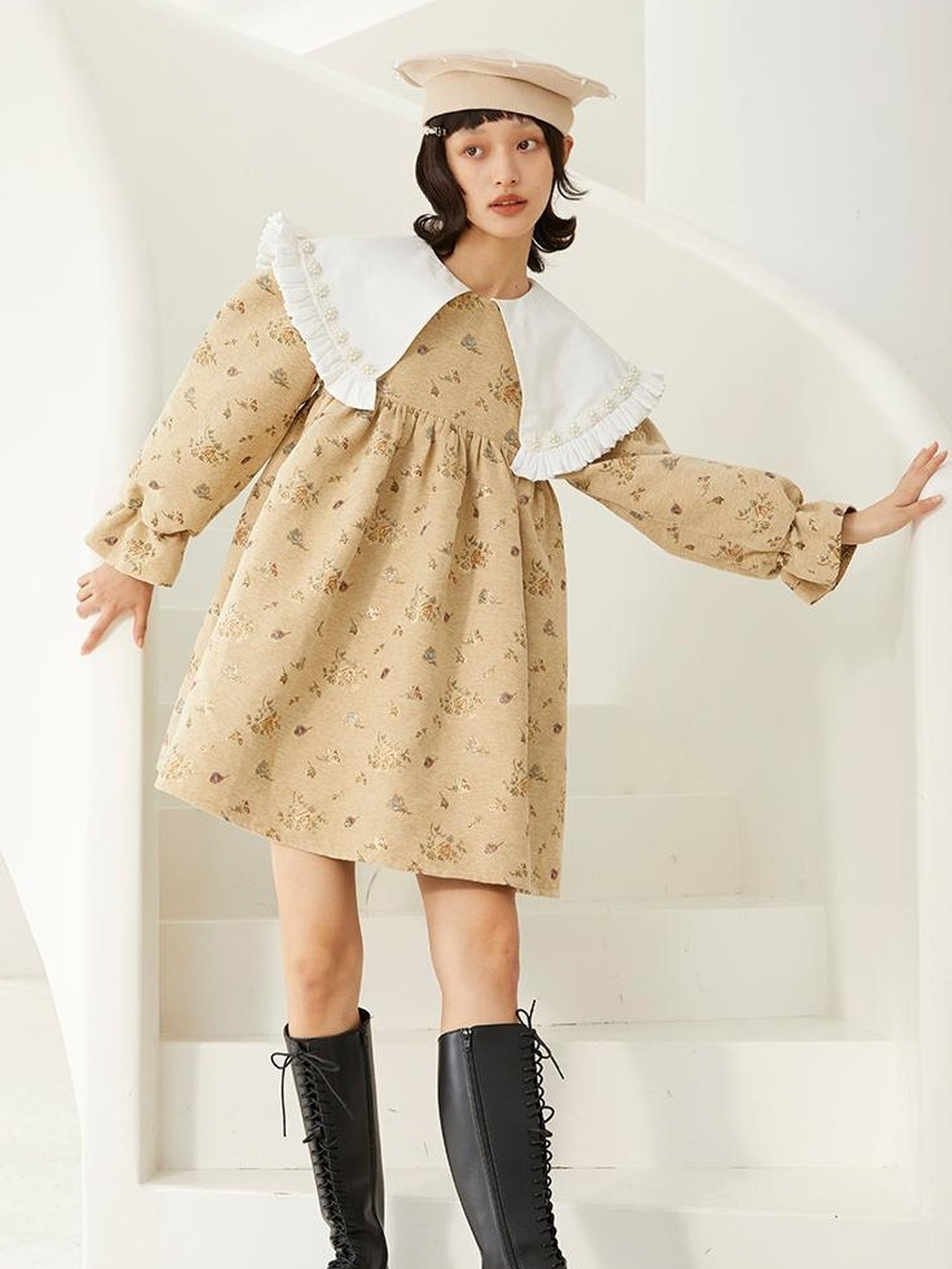 DIDDI MODA Floral Pearl Trimmed A Line Babydoll Dress