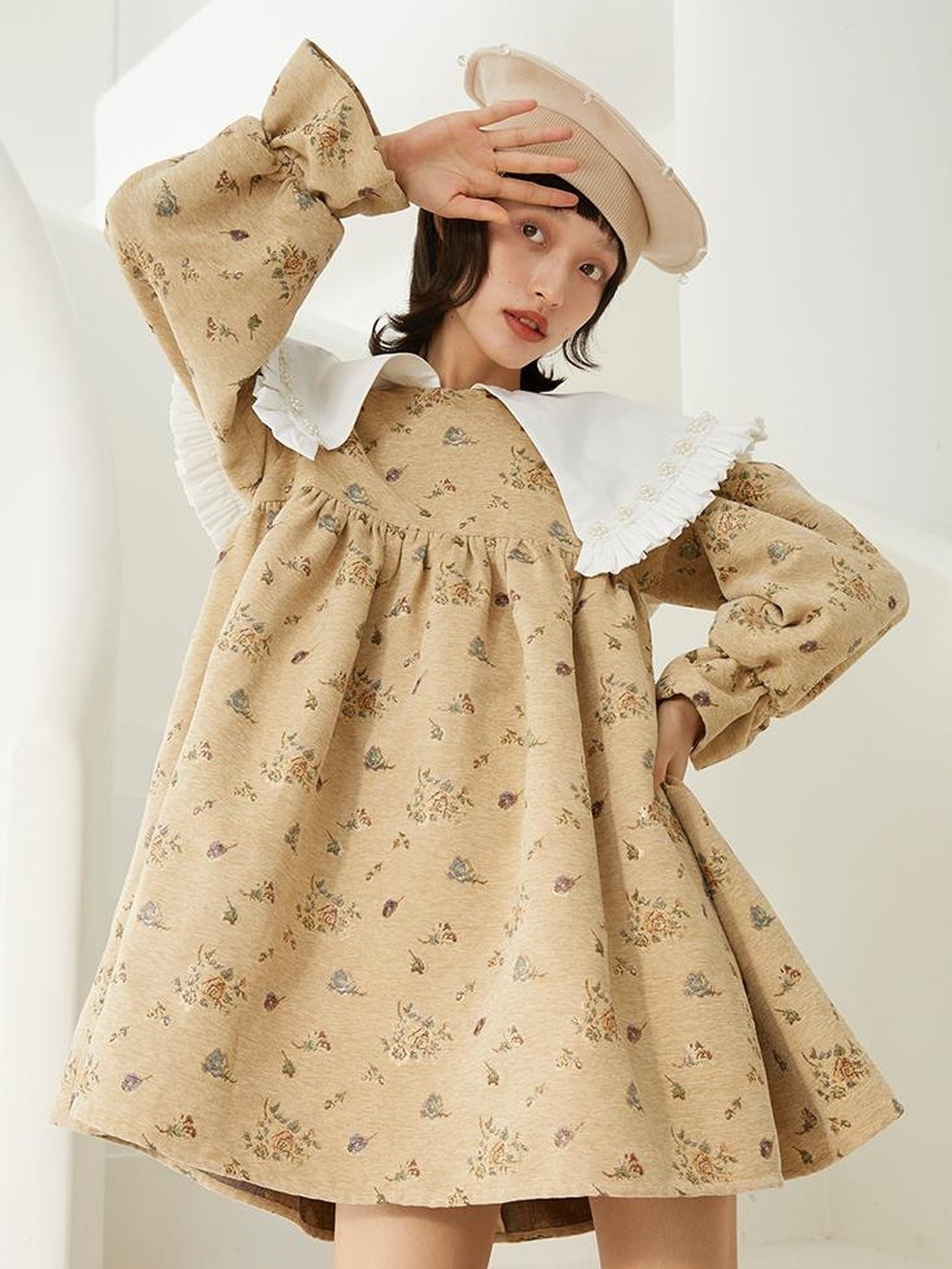 DIDDI MODA Floral Pearl Trimmed A Line Babydoll Dress