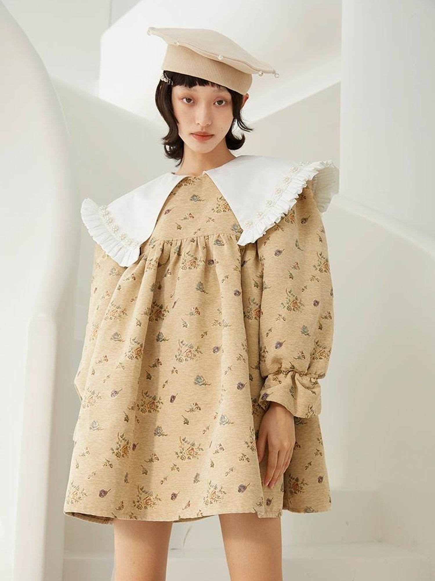 DIDDI MODA Floral Pearl Trimmed A Line Babydoll Dress