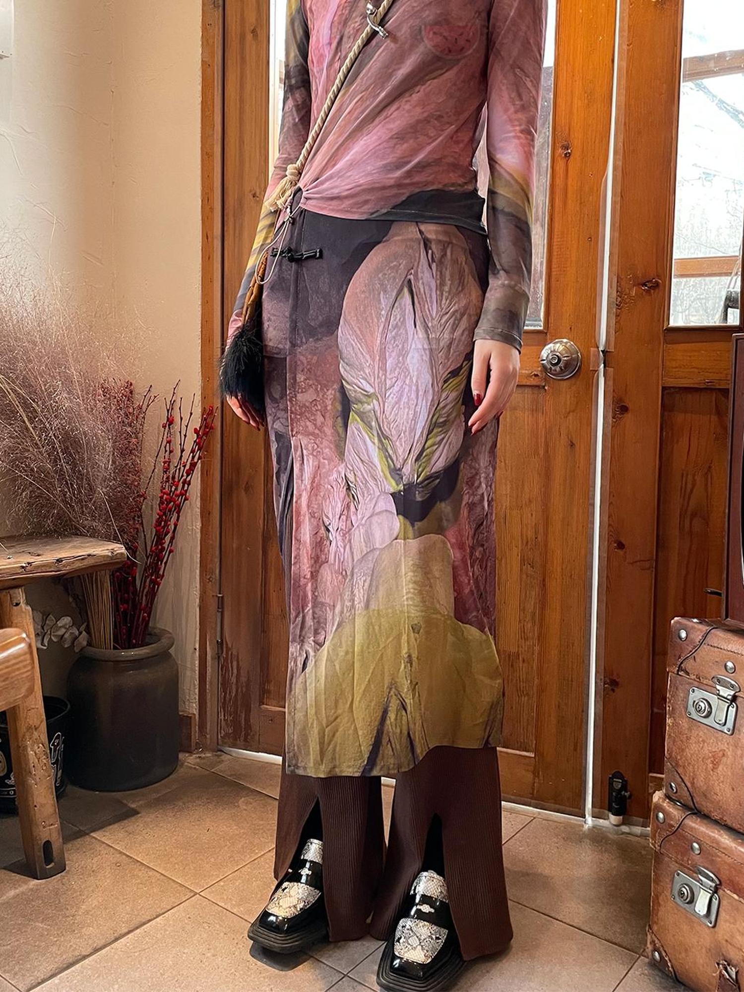 Ttsunami Floral Print Double Layer Side Slit Mesh Skirt