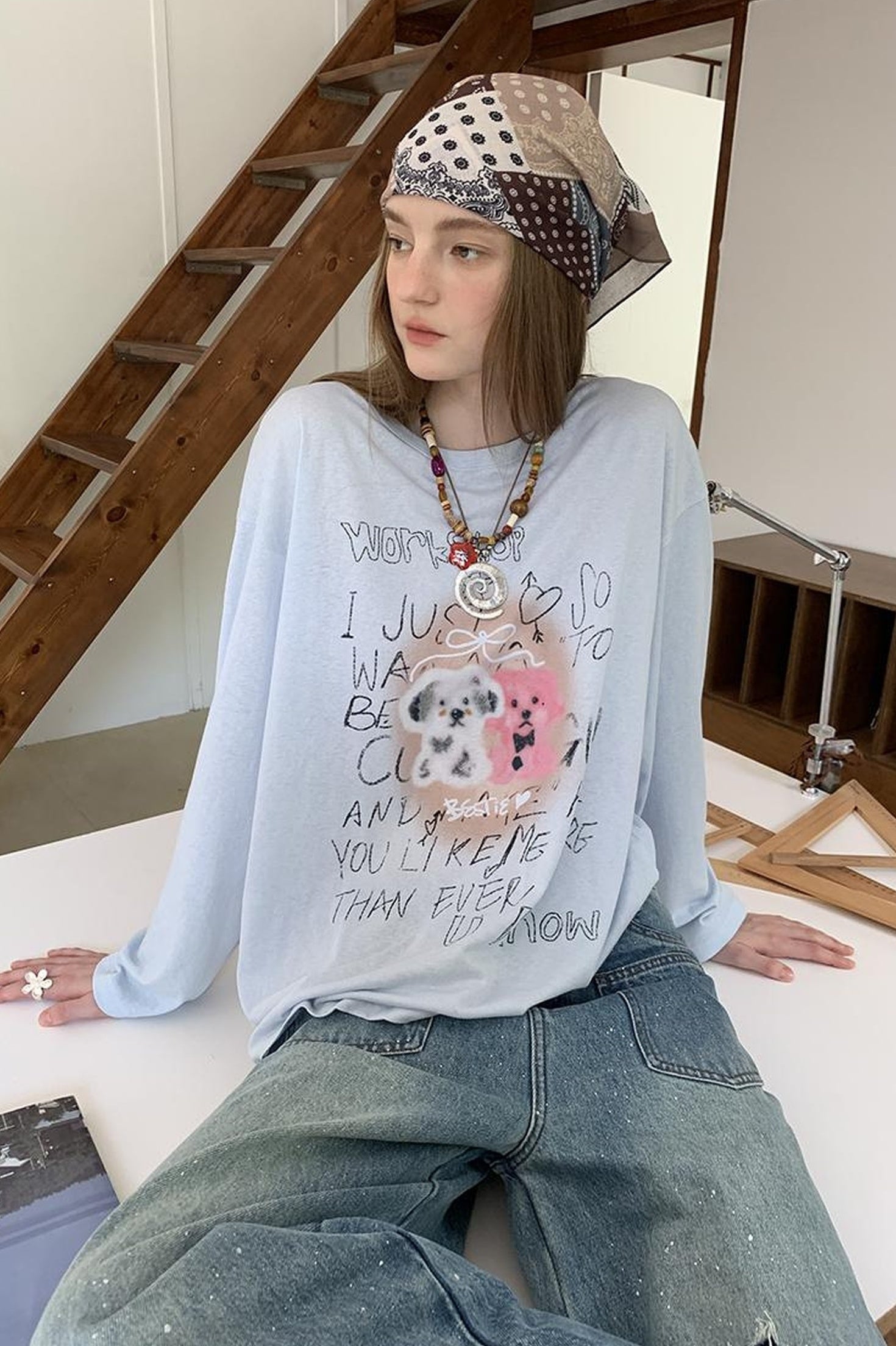 DIDDI MODA Floral Pup Print Tee Overshirt Denim Set