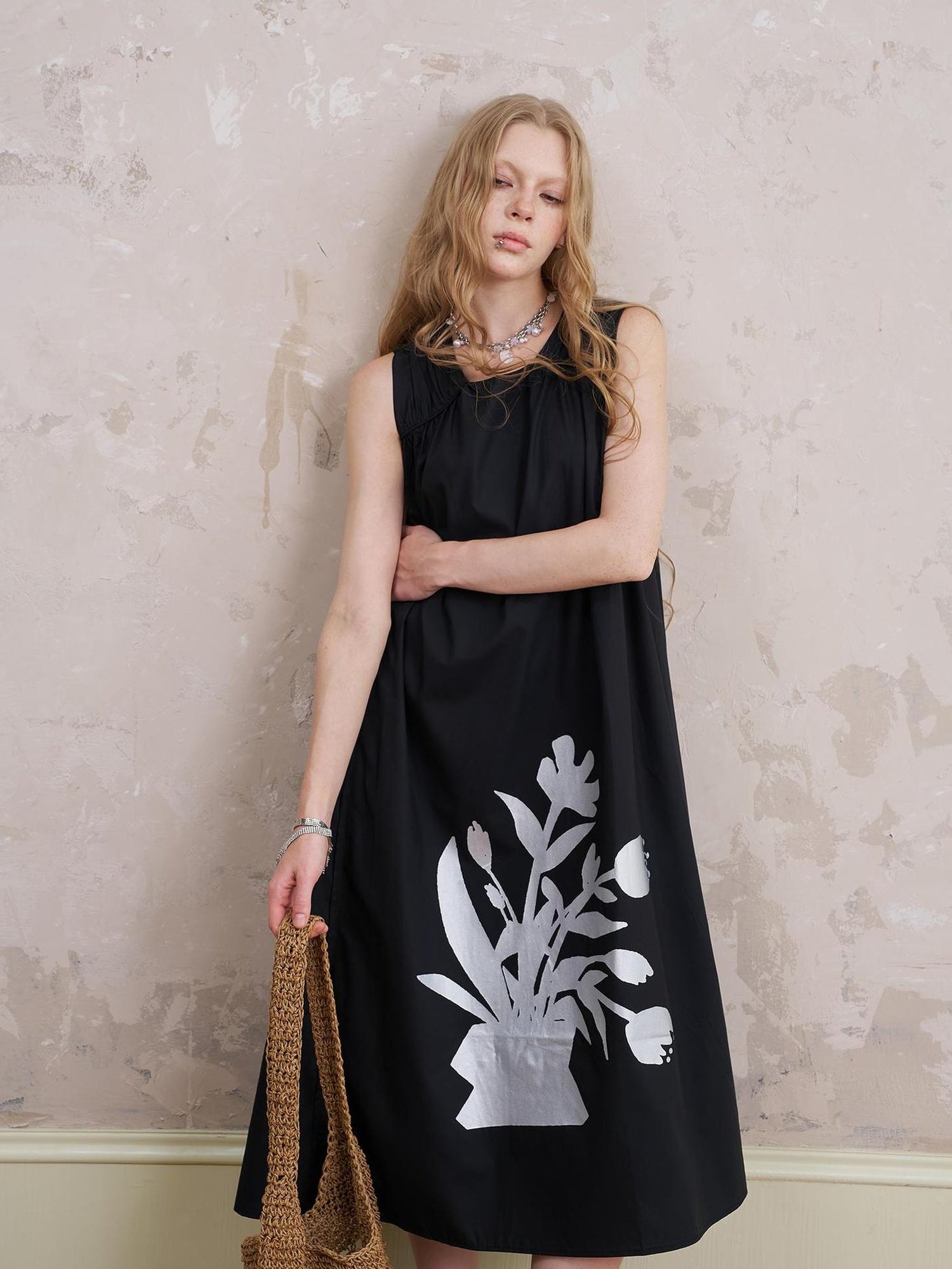 DIDDI MODA Floral Silver V Neck Vacation A Line Dress