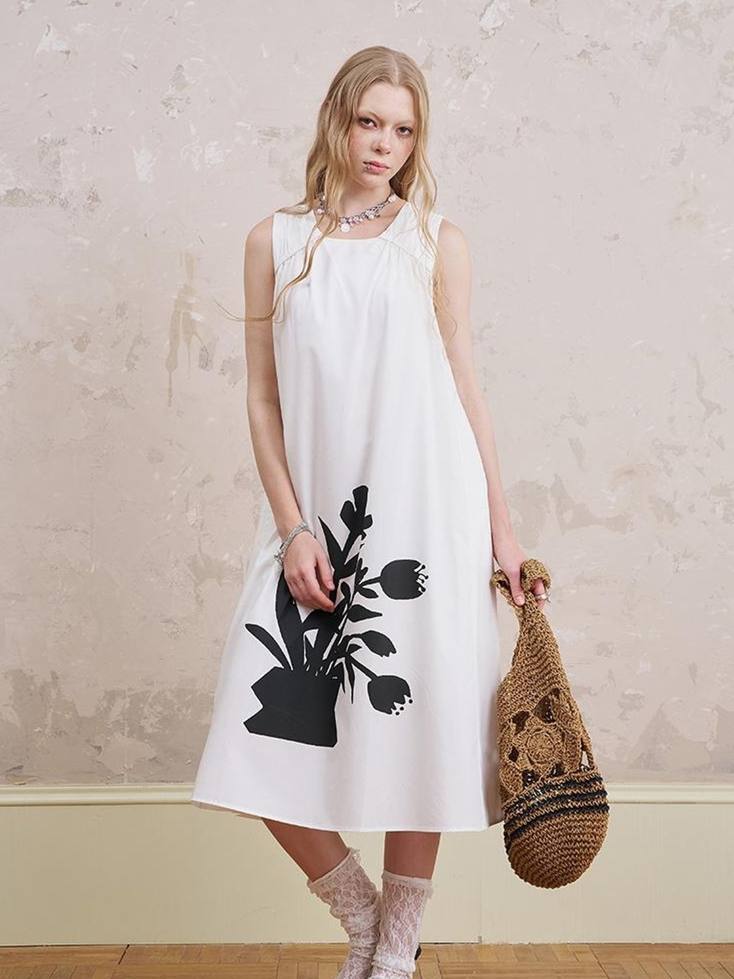 DIDDI MODA Floral Silver V Neck Vacation A Line Dress