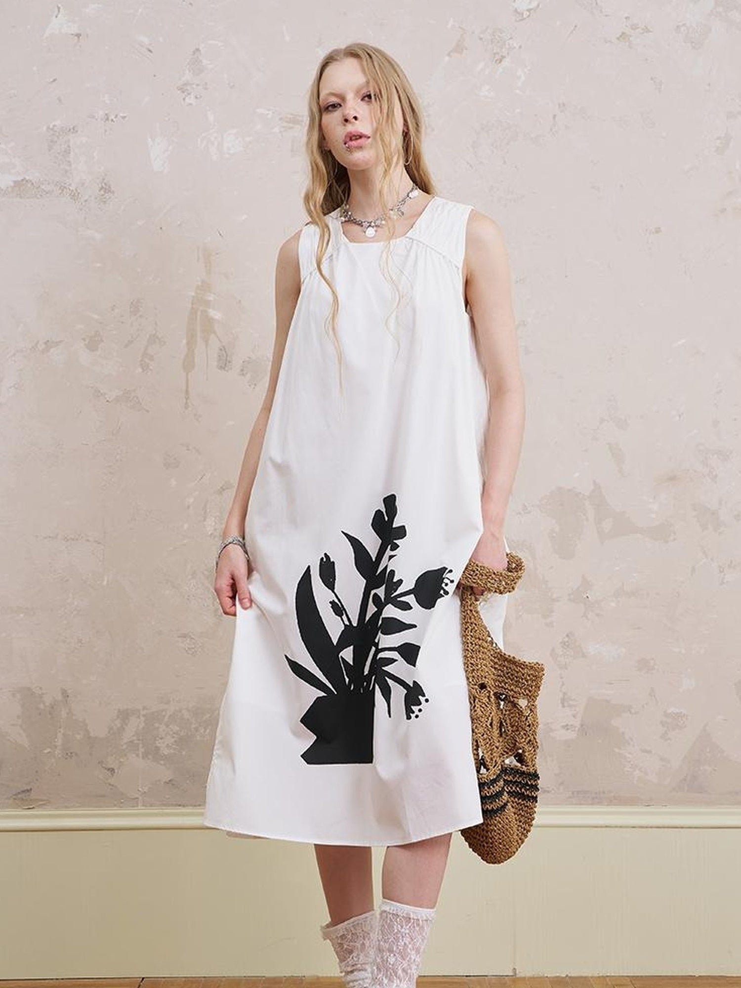 DIDDI MODA Floral Silver V Neck Vacation A Line Dress