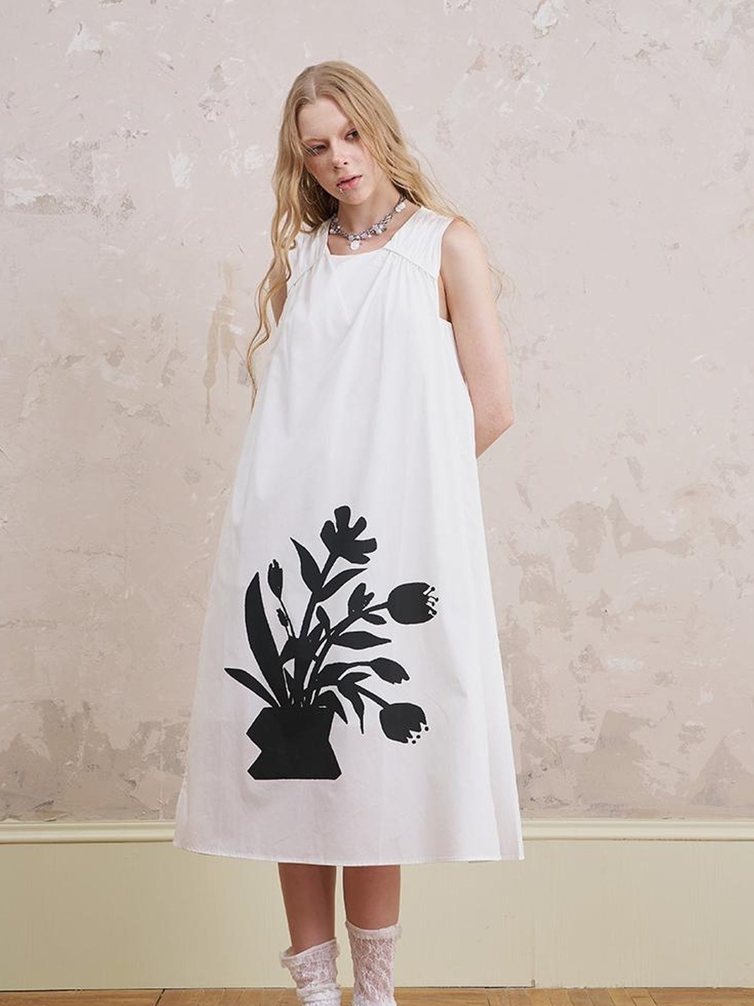 DIDDI MODA Floral Silver V Neck Vacation A Line Dress